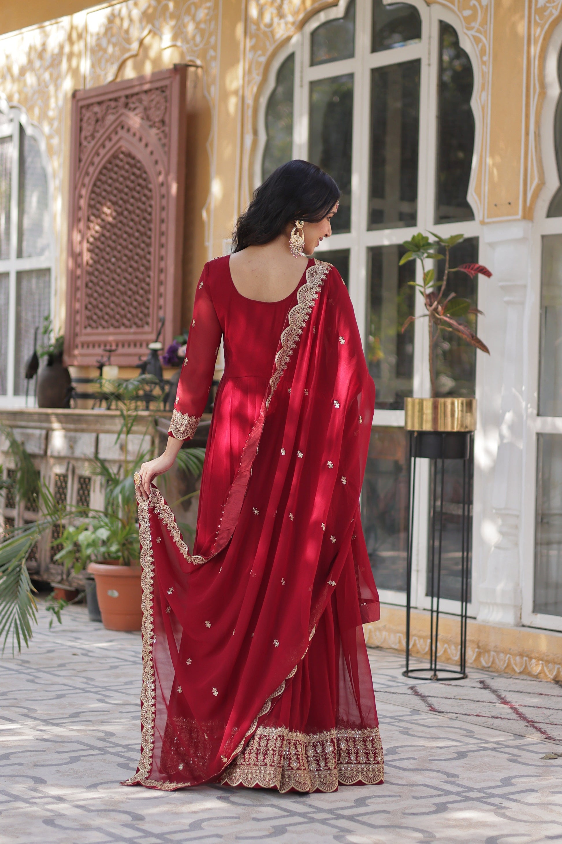 Sonakshi Women's Maroon Faux Blooming Sequins Zari Embroidered Long Anarkali Sets
