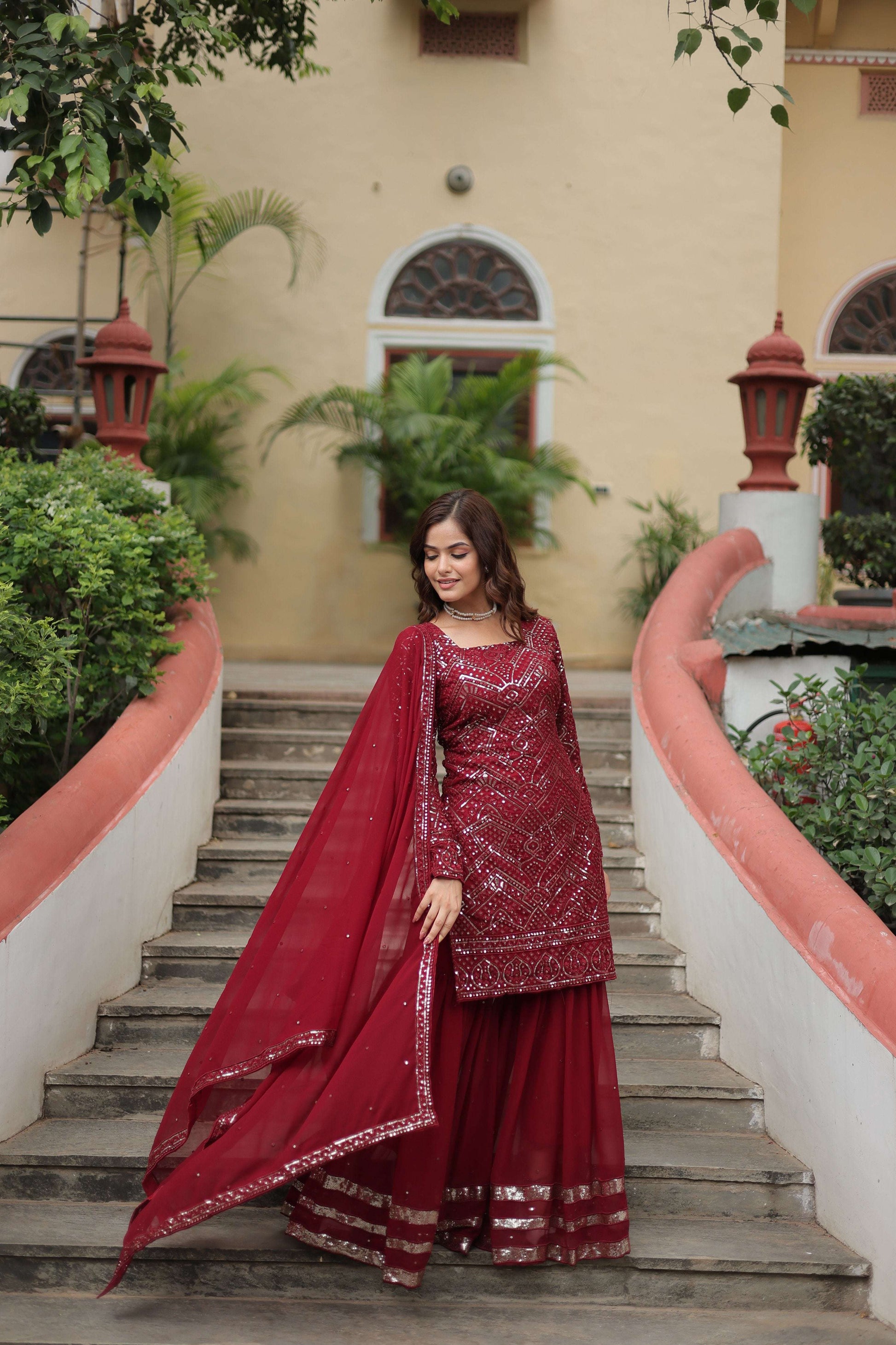 Sonakshi Women's Maroon Faux Georgette Sequins Thread Embroidered Kurta Set with Dupatta
