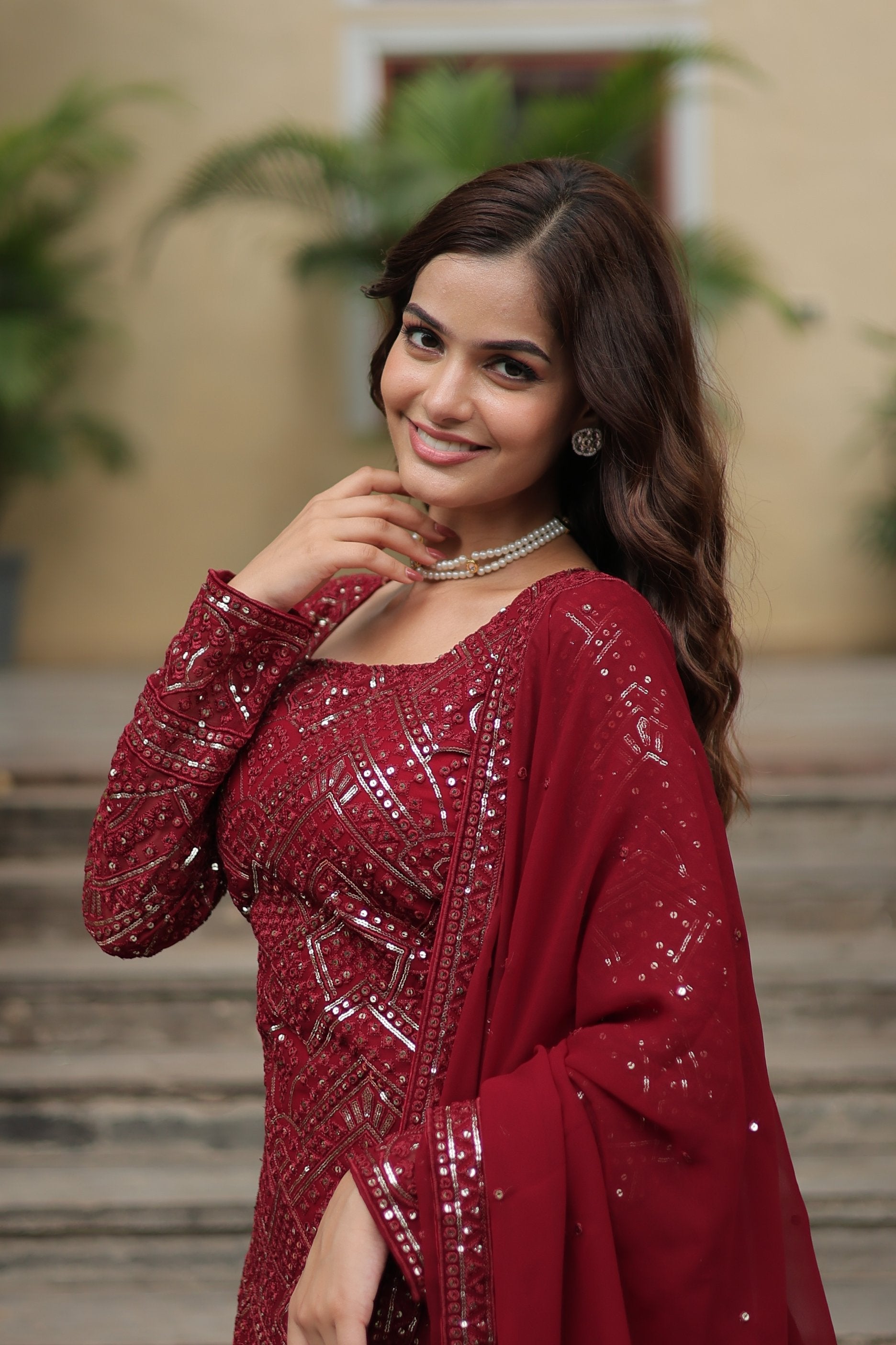 Sonakshi Women's Maroon Faux Georgette Sequins Thread Embroidered Kurta Set with Dupatta