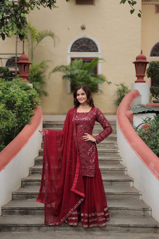 Sonakshi Women's Maroon Faux Georgette Sequins Thread Embroidered Kurta Set with Dupatta