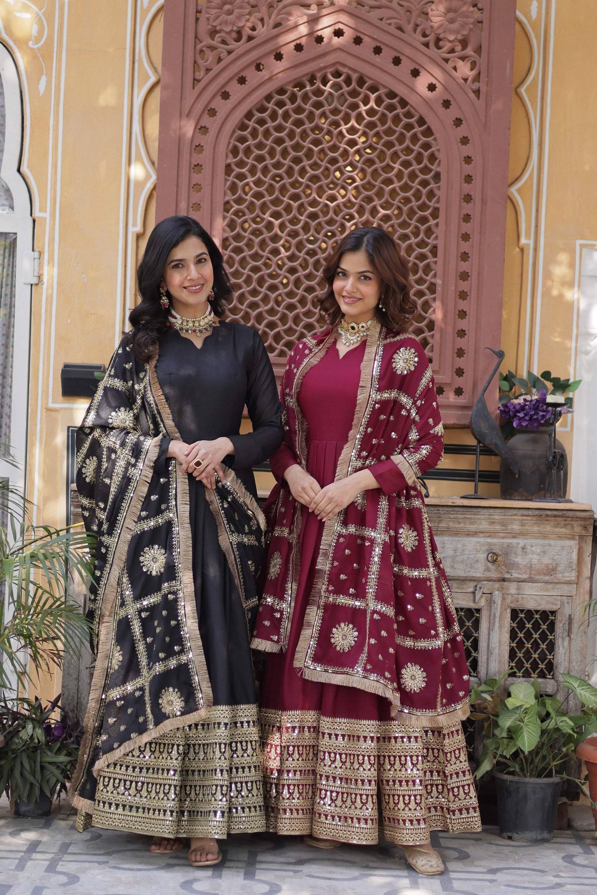 Sonakshi Women's Black & Maroon Georgette Sequins Zari Embroidered Combo Anarkali Sets