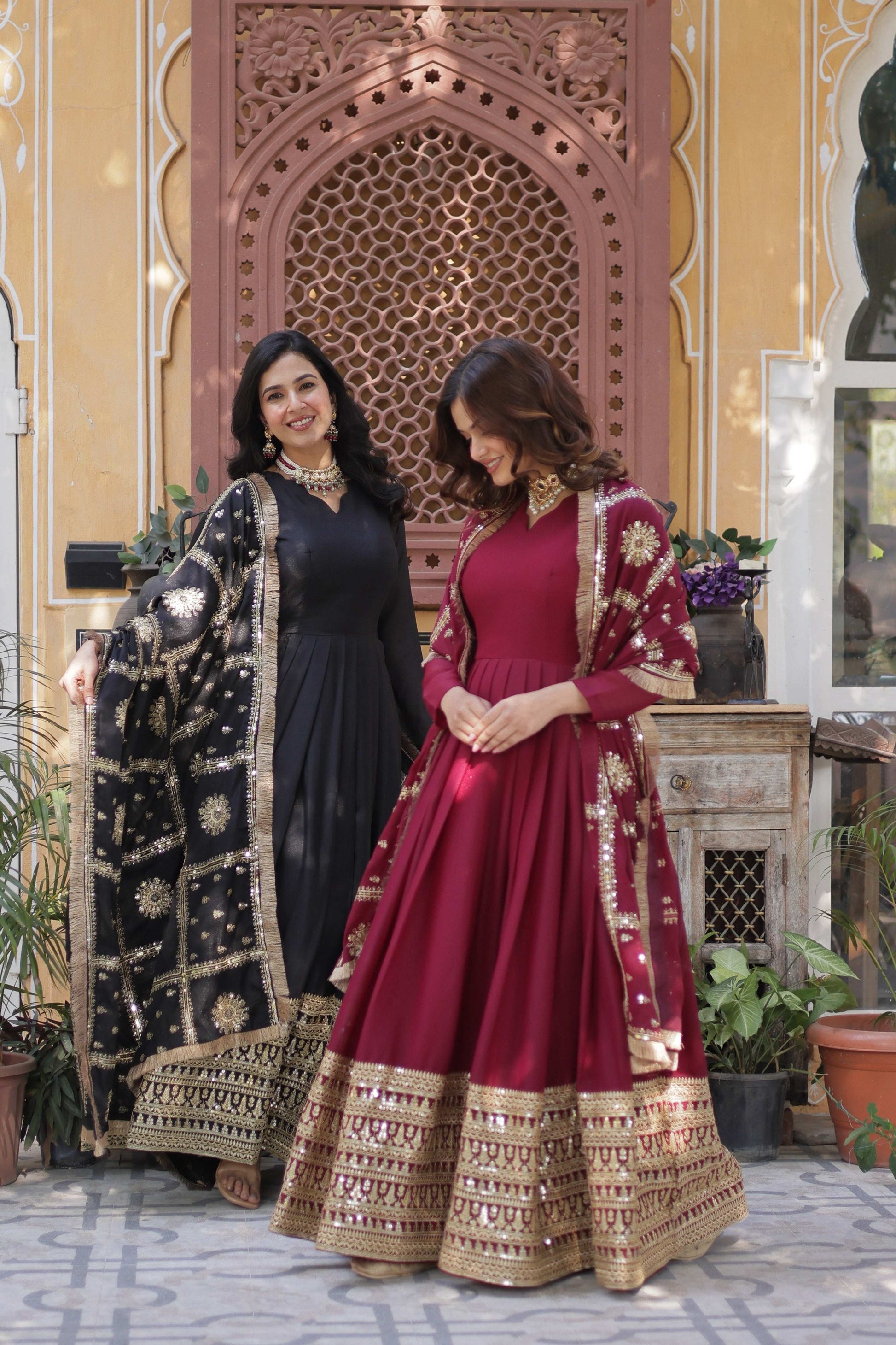 Sonakshi Women's Black & Maroon Georgette Sequins Zari Embroidered Combo Anarkali Sets