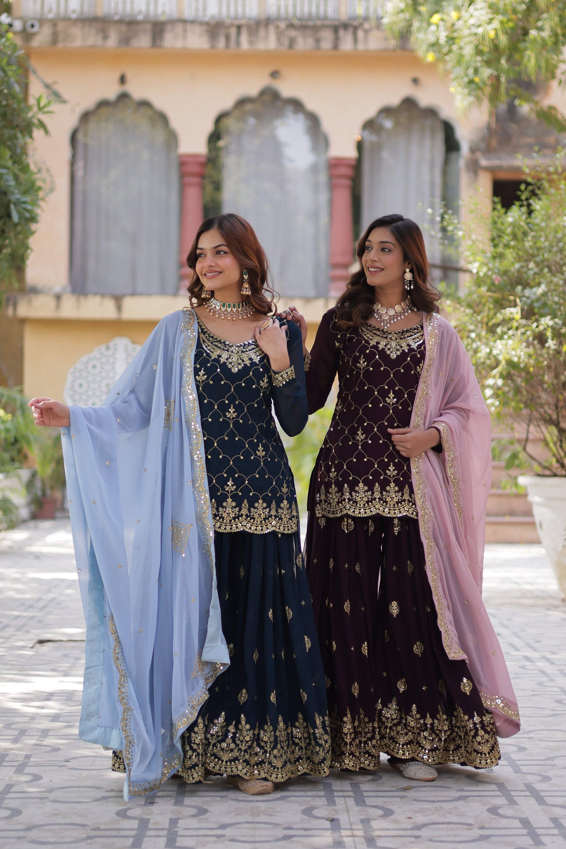 Sonakshi Women's Blue & Wine Faux Blooming Sequins Embroidered Combo Kurta Set with Dupatta