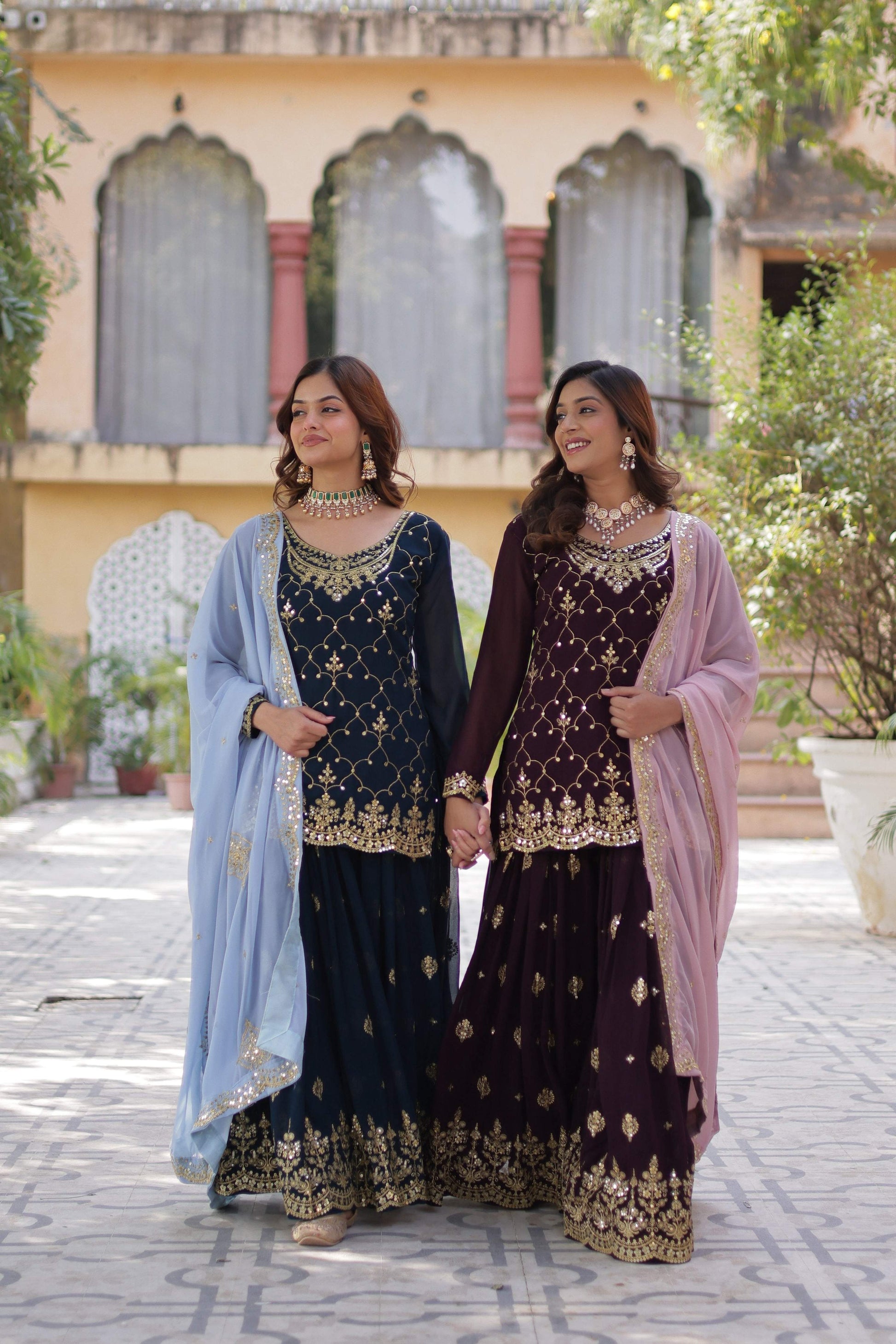Sonakshi Women's Blue & Wine Faux Blooming Sequins Embroidered Combo Kurta Set with Dupatta