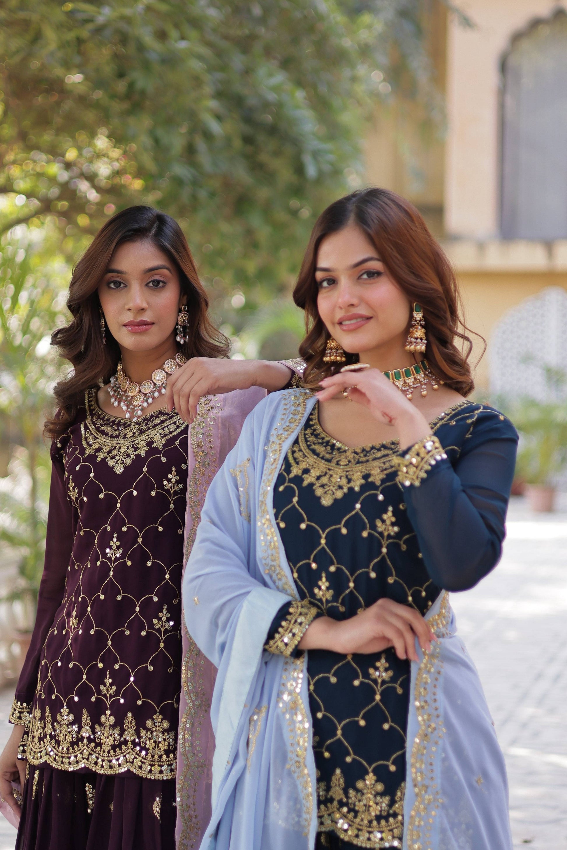 Sonakshi Women's Blue & Wine Faux Blooming Sequins Embroidered Combo Kurta Set with Dupatta