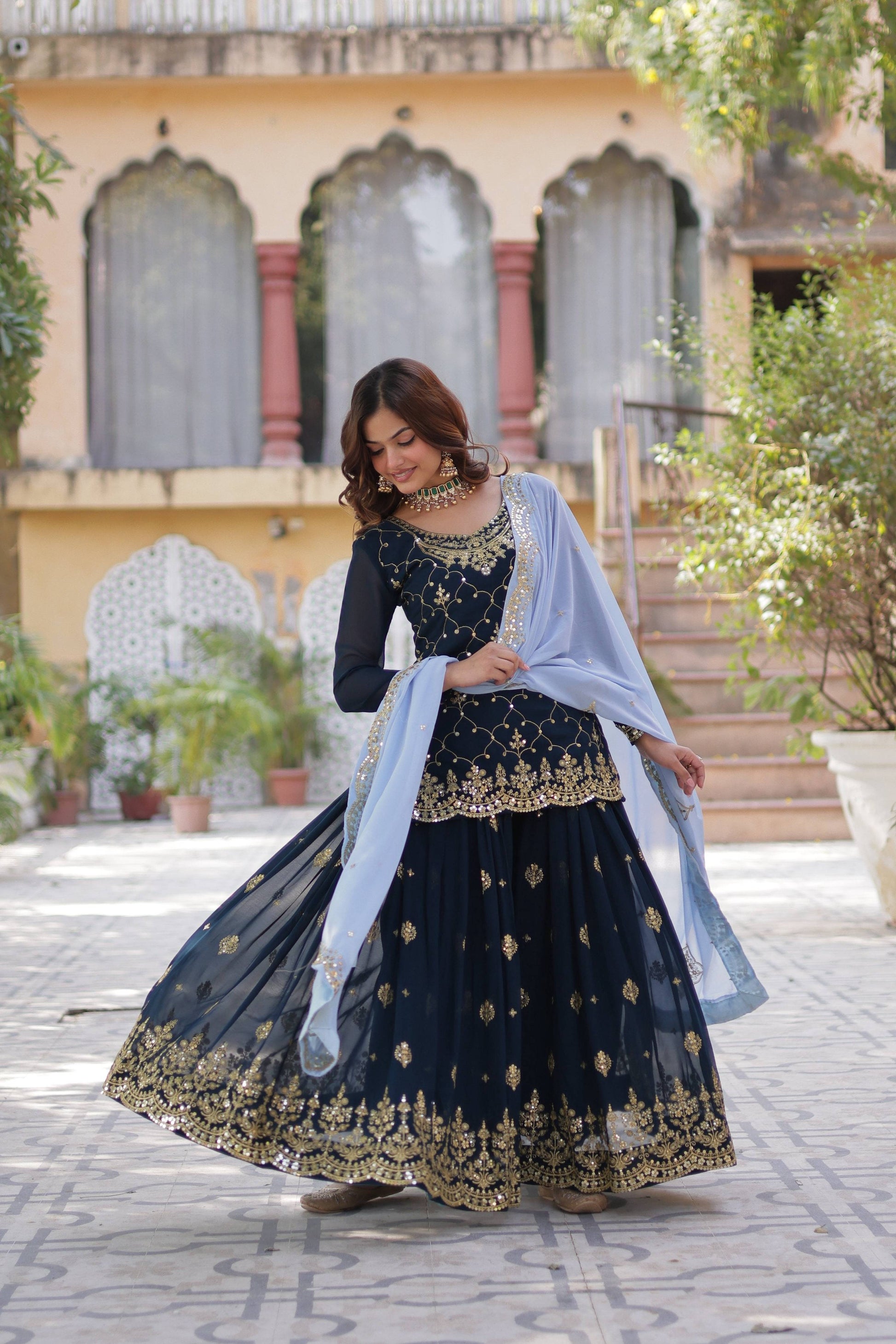 Sonakshi Women's Blue Faux Blooming Sequins Embroidered Kurta Set with Dupatta