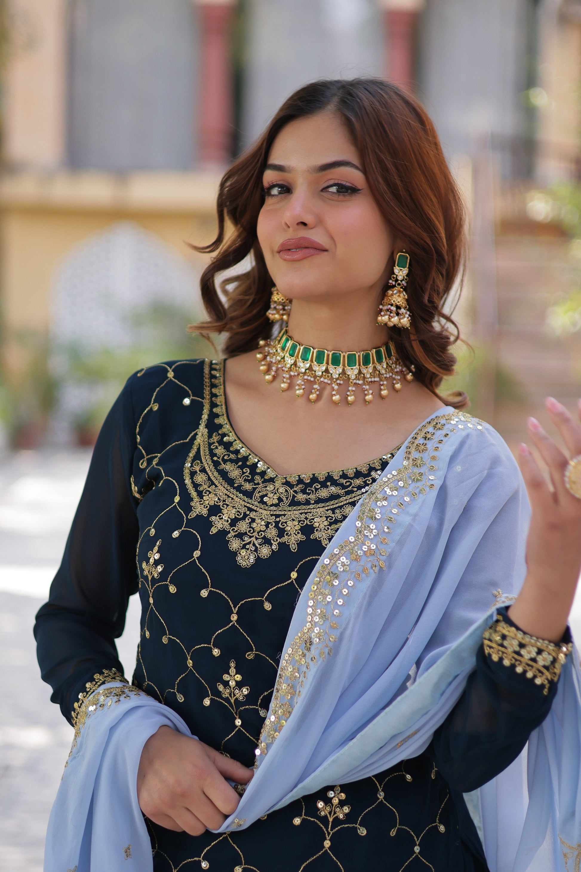 Sonakshi Women's Blue Faux Blooming Sequins Embroidered Kurta Set with Dupatta