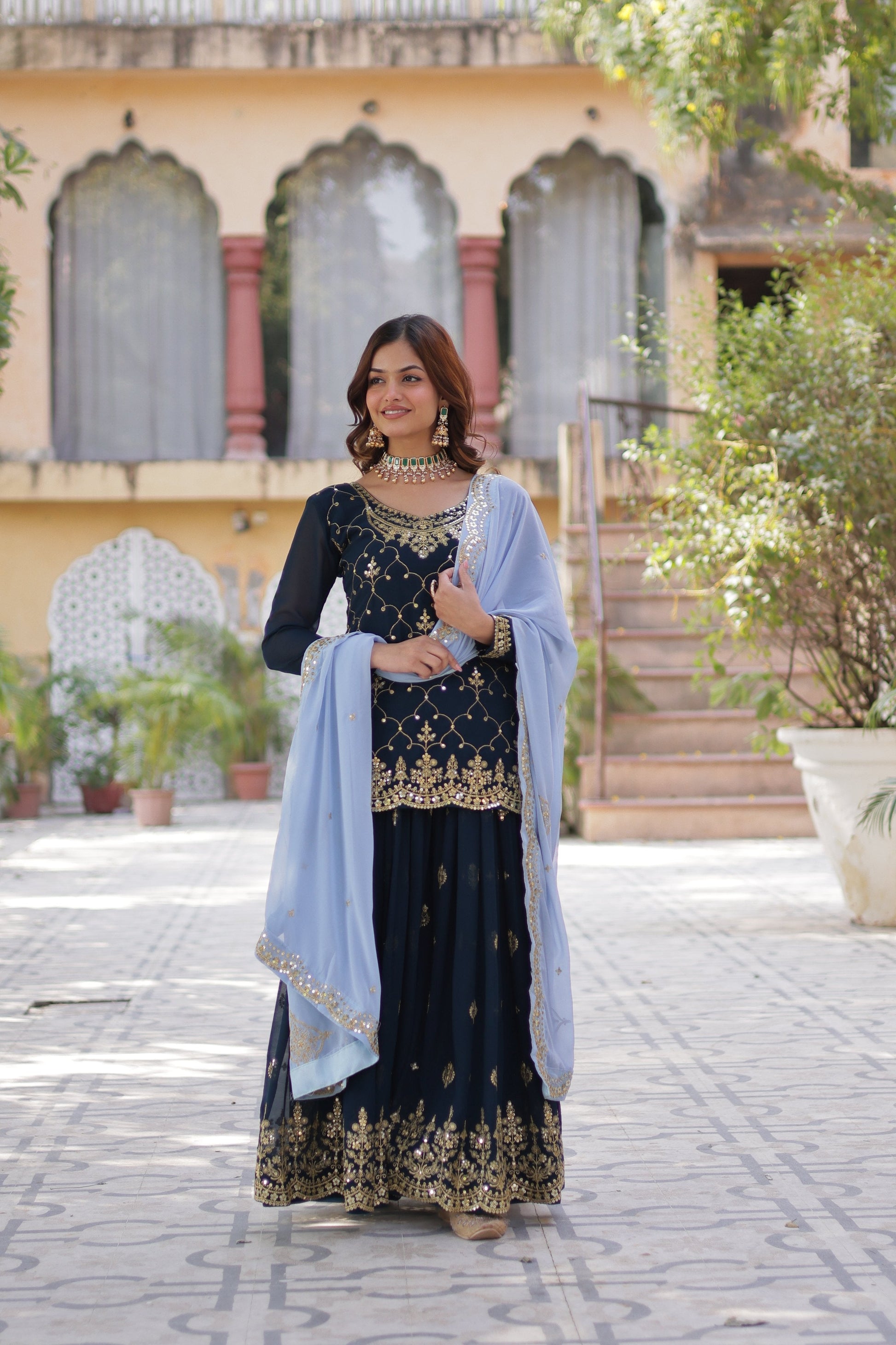 Sonakshi Women's Blue Faux Blooming Sequins Embroidered Kurta Set with Dupatta