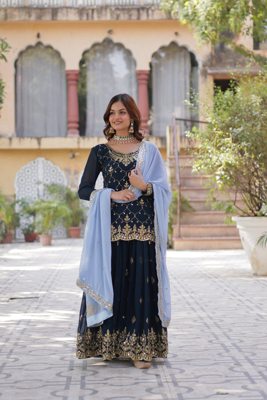 Sonakshi Women's Blue Faux Blooming Sequins Embroidered Kurta Set with Dupatta