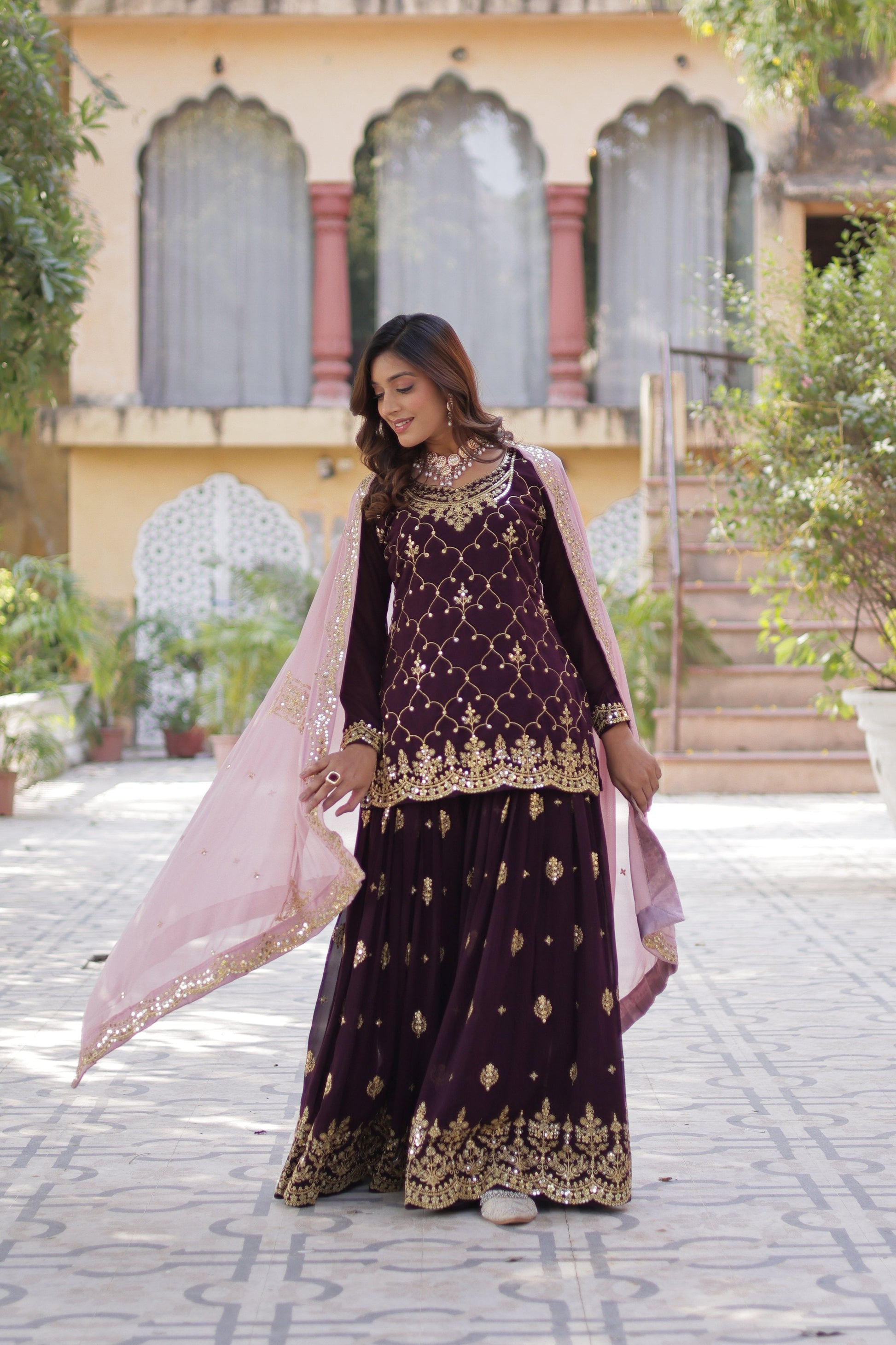 Sonakshi Women's Wine Faux Blooming Sequins Embroidered Kurta Set with Dupatta