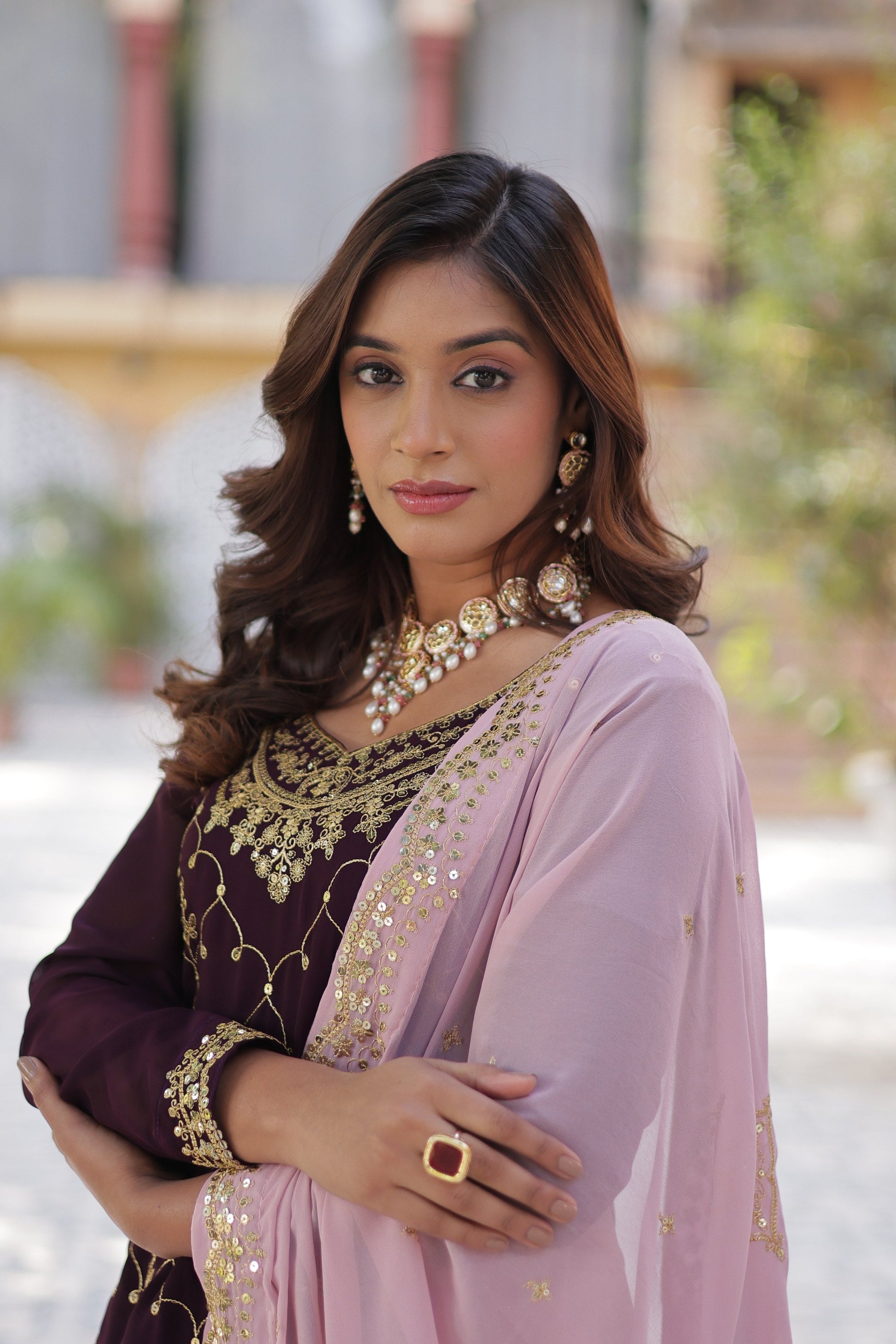 Sonakshi Women's Wine Faux Blooming Sequins Embroidered Kurta Set with Dupatta