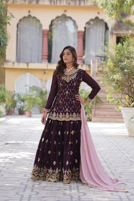 Sonakshi Women's Wine Faux Blooming Sequins Embroidered Kurta Set with Dupatta