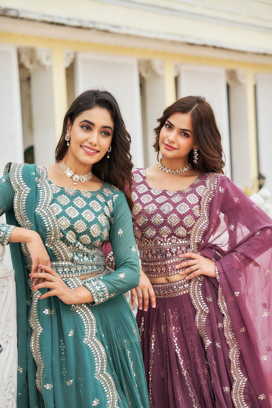 Sonakshi Women's Teal & Onion Faux Georgette 7MM Sequins Embroidered Lehenga Choli Combo Set