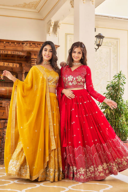 Sonakshi Women's Red & Yellow Faux Georgette Sequins Embroidered Lehenga Choli Combo Set