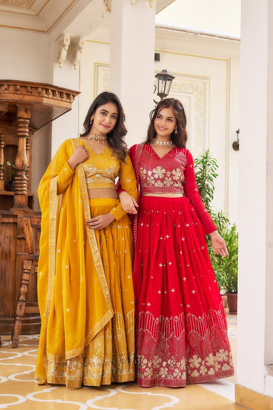 Sonakshi Women's Red & Yellow Faux Georgette Sequins Embroidered Lehenga Choli Combo Set