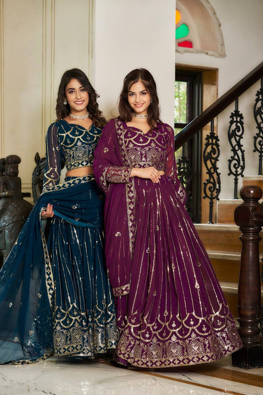 Sonakshi Women's Morpeach & Wine Faux Georgette 5MM Sequins Embroidered Lehenga Choli Combo Set