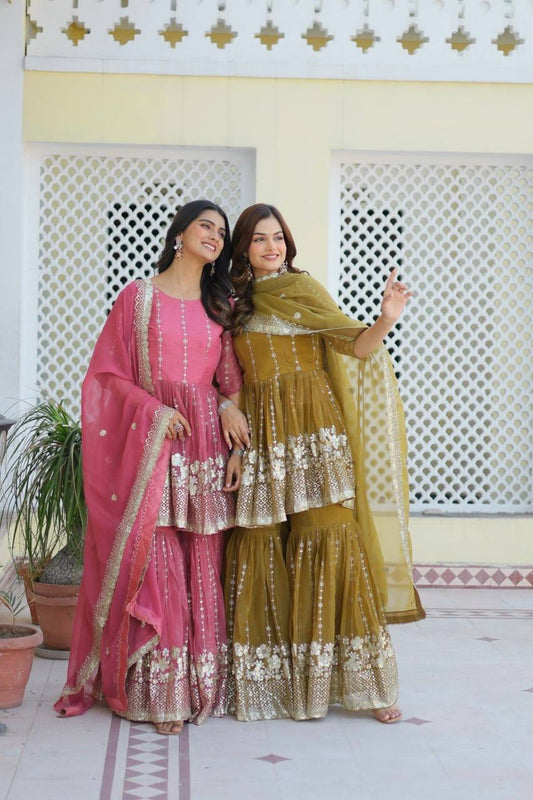 Sonakshi Women's Mehendi & Pink Simar Georgette 3MM Sequins Embroidered Combo Sharara Set with Dupatta