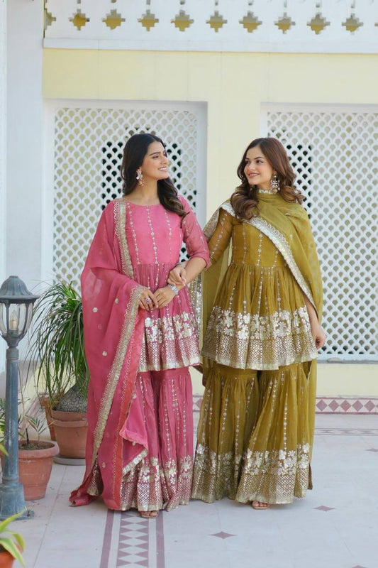 Sonakshi Women's Mehendi & Pink Simar Georgette 3MM Sequins Embroidered Combo Sharara Set with Dupatta