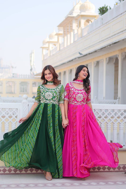 Sonakshi Women's Green & Pink Faux Georgette 3MM Sequins Embroidered Combo Anarkali Dress with Dupatta
