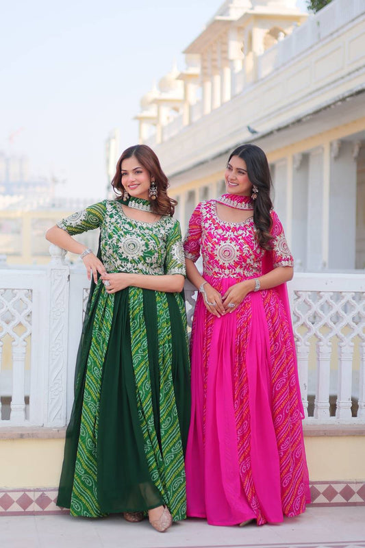 Sonakshi Women's Green & Pink Faux Georgette 3MM Sequins Embroidered Combo Anarkali Dress with Dupatta