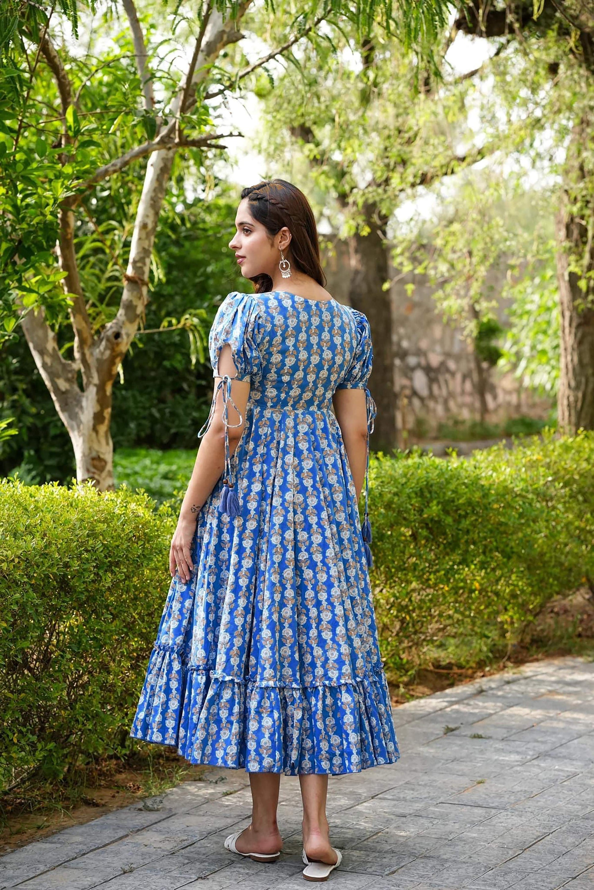 Sonakshi Women's Blue Rayon Digital Print Full Round Flair Anarkali Gown Set