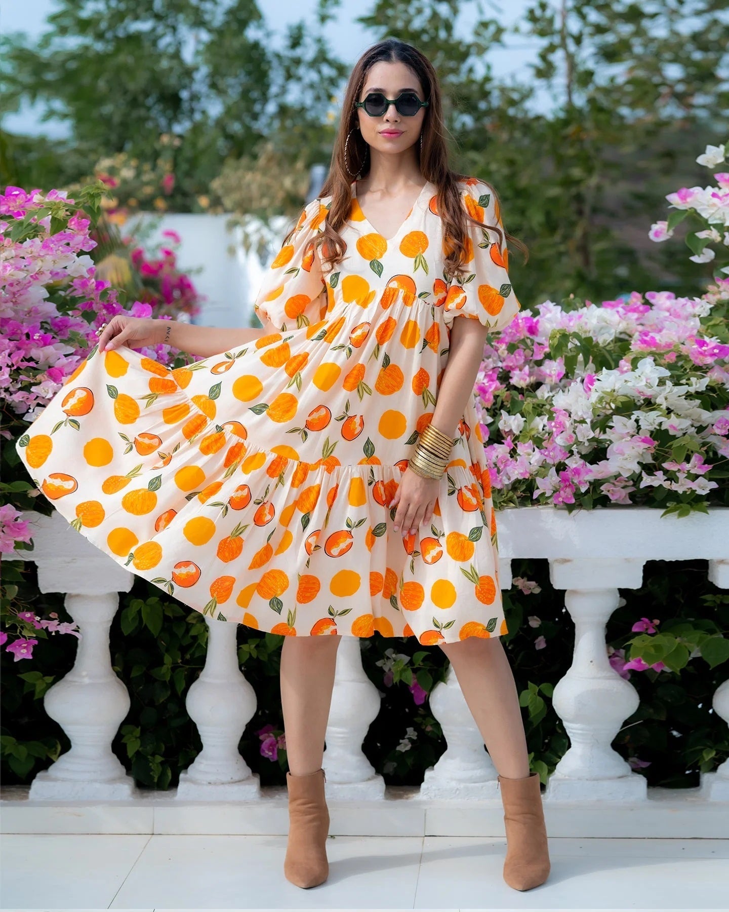 Sonakshi Women's White & Yellow Rayon Digital Print Full Round Flair Anarkali Gown Set