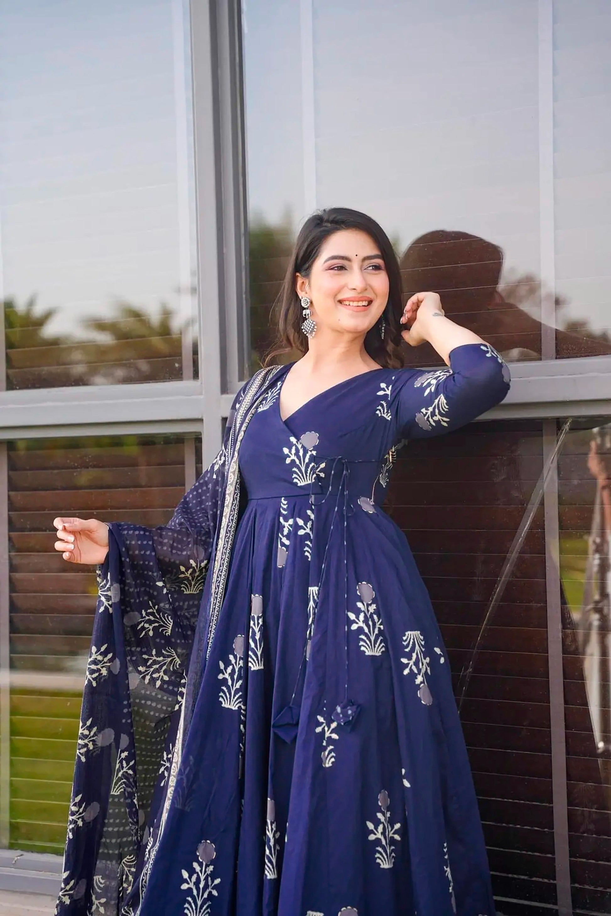 Sonakshi Women's Royal Blue Maslin Digital Print Full Round Flair Anarkali Gown Set With Dupatta