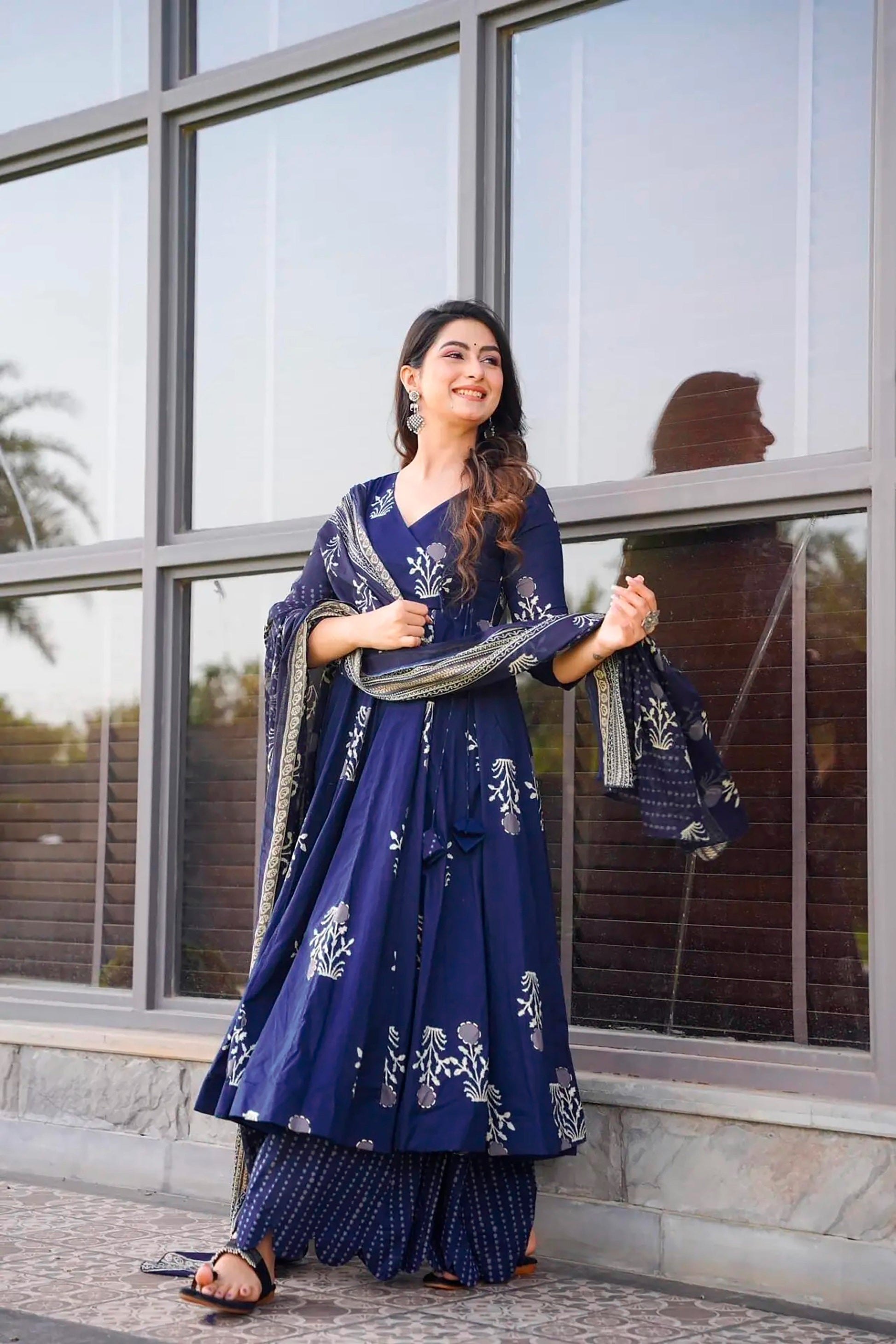 Sonakshi Women's Royal Blue Maslin Digital Print Full Round Flair Anarkali Gown Set With Dupatta