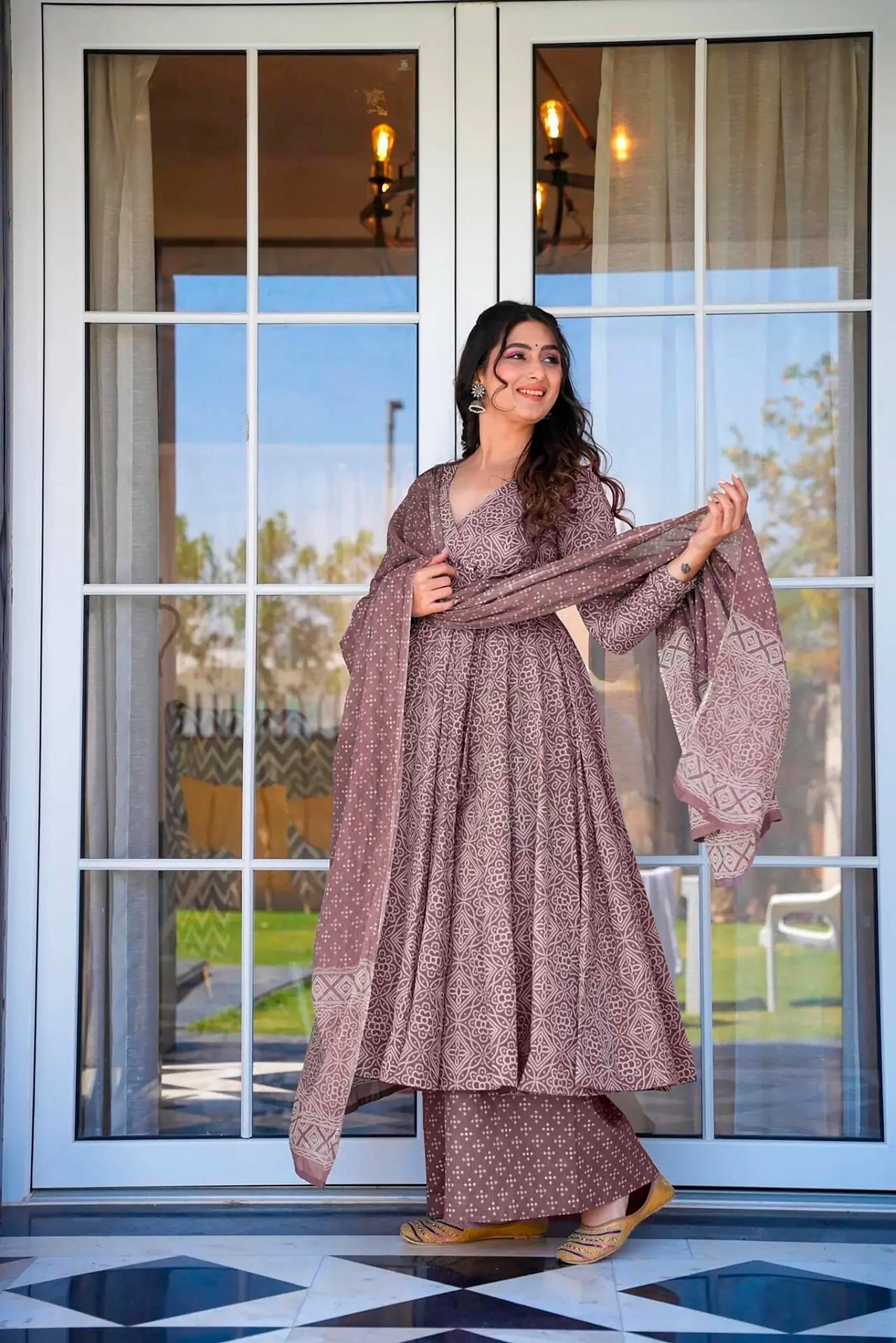 Sonakshi Women's Baby Purple Maslin Digital Print Full Round Flair Anarkali Gown Set With Dupatta