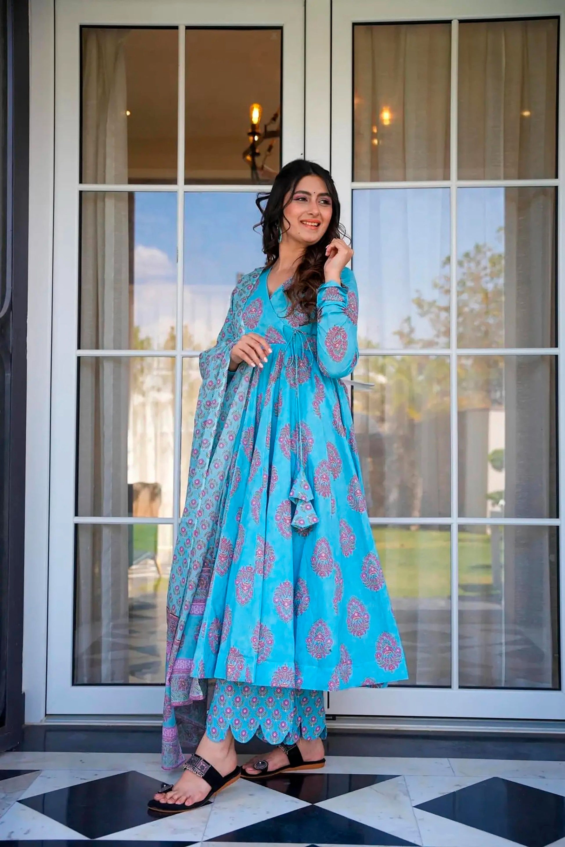 Sonakshi Women's Electric Blue Maslin Digital Print Full Round Flair Anarkali Gown Set With Dupatta