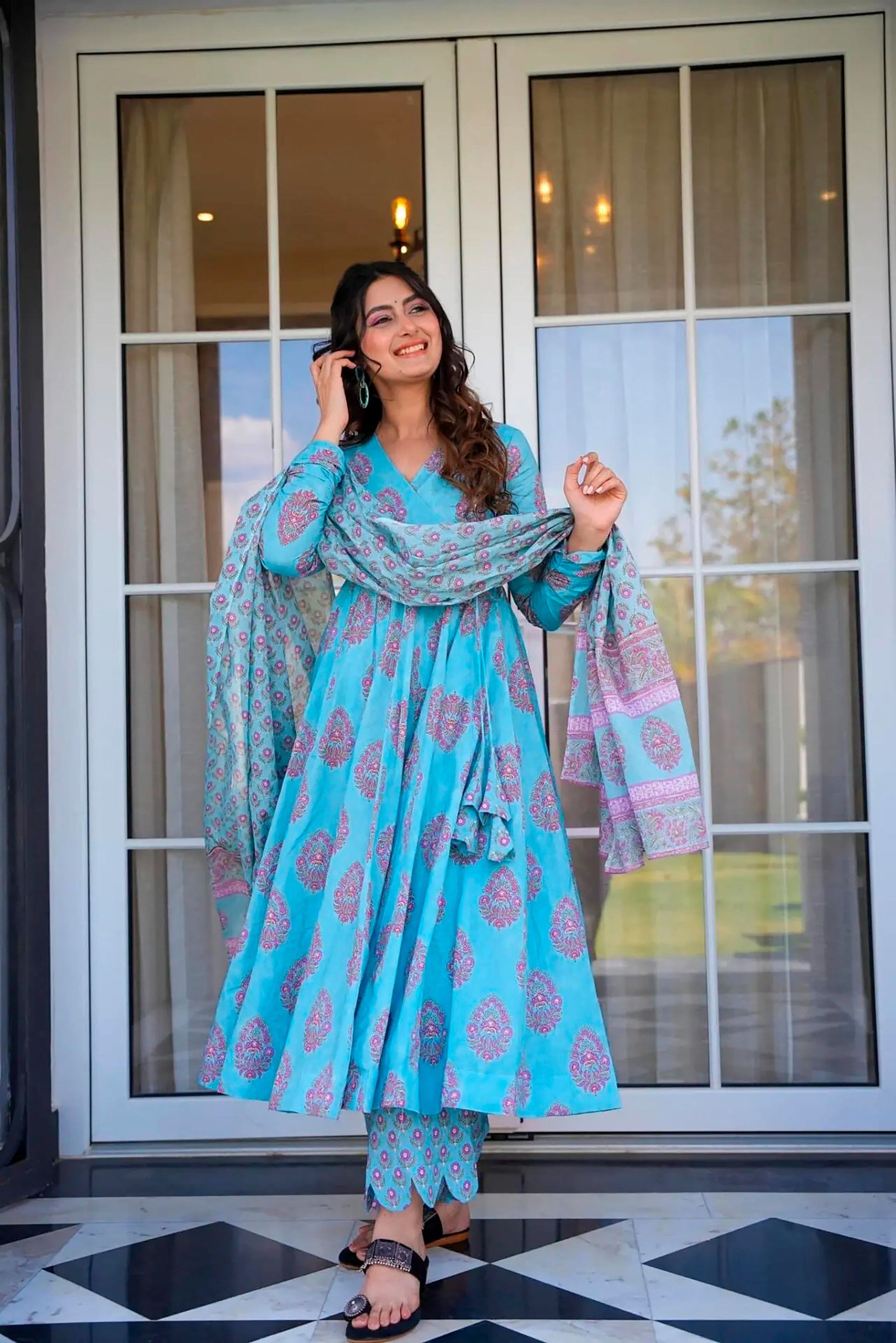 Sonakshi Women's Electric Blue Maslin Digital Print Full Round Flair Anarkali Gown Set With Dupatta