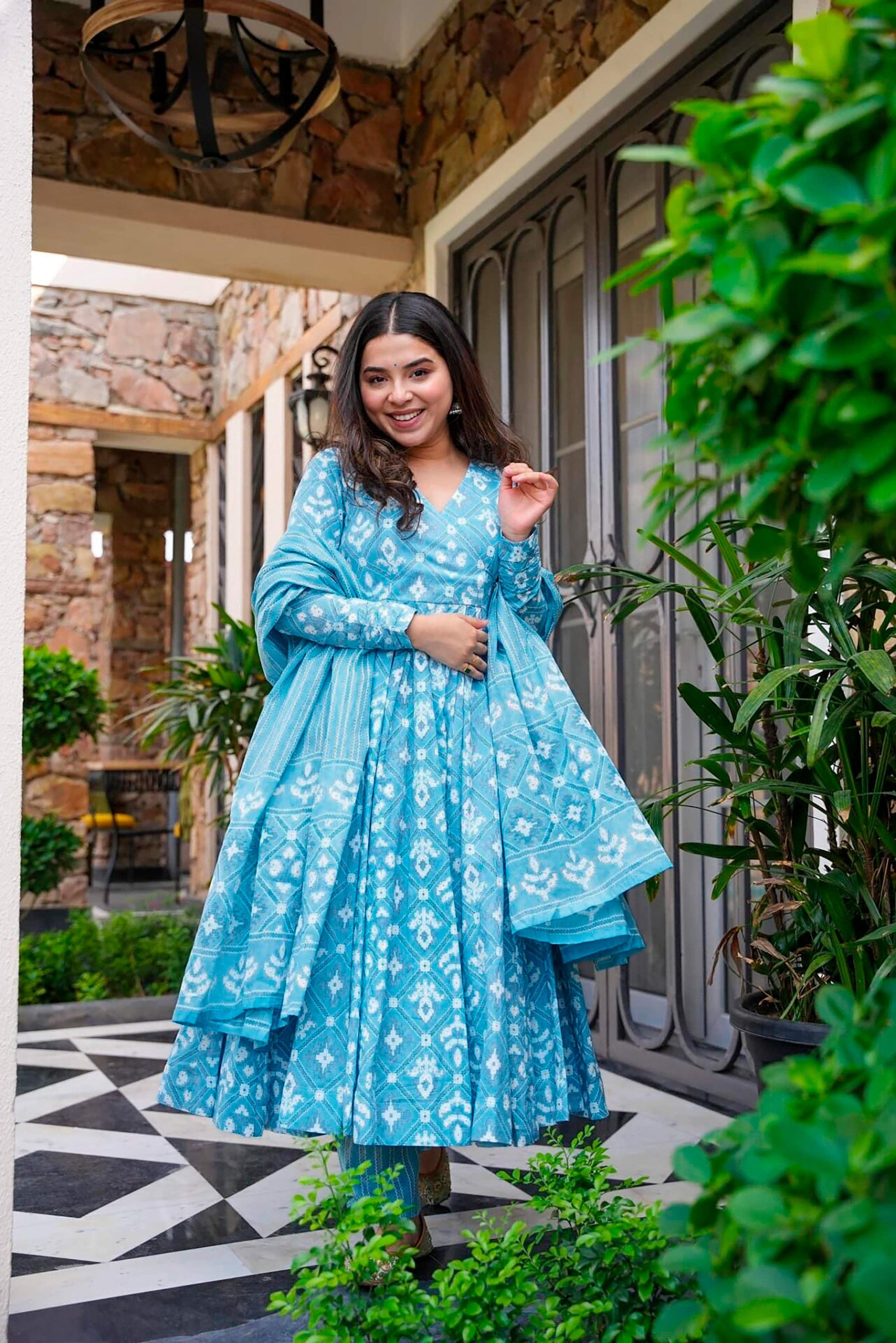 Sonakshi Women's Bright Blue Maslin Digital Print Full Round Flair Anarkali Gown Set With Dupatta