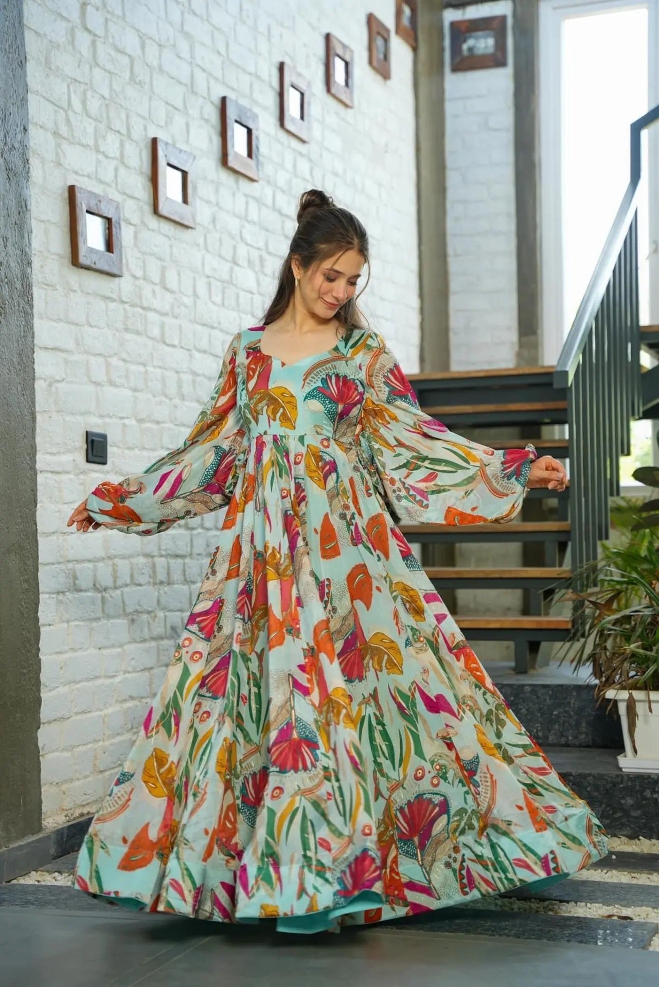 Sonakshi Women's C Green Air tex Chinon Digital Print Full Round Flair Anarkali Gown Set