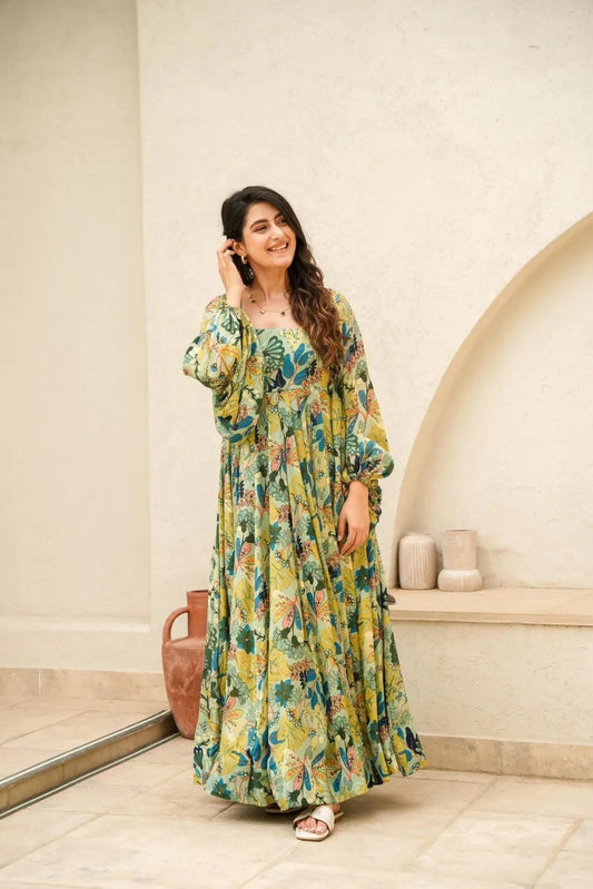Sonakshi Women's Pista Air tex Chinon Digital Print Full Round Flair Anarkali Gown Set