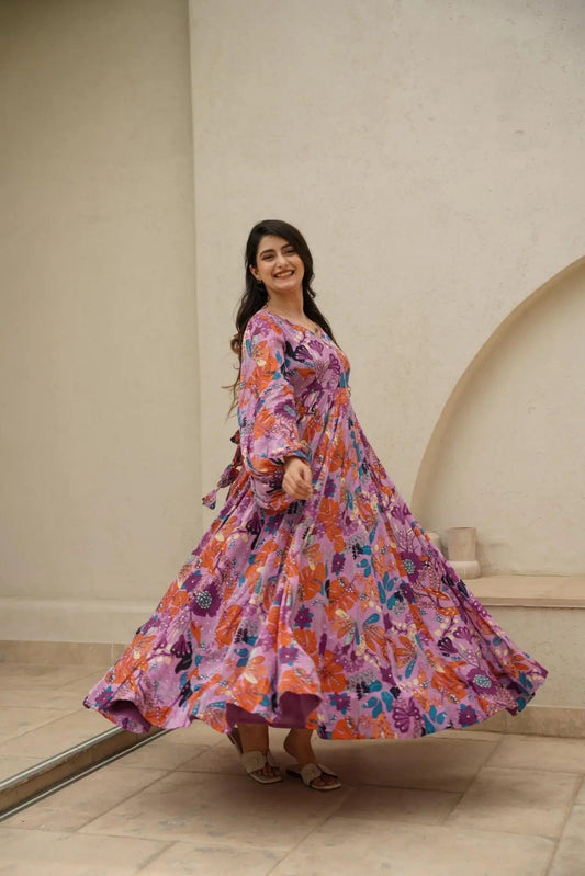 Sonakshi Women's Pink Air tex Chinon Digital Print Full Round Flair Anarkali Gown Set