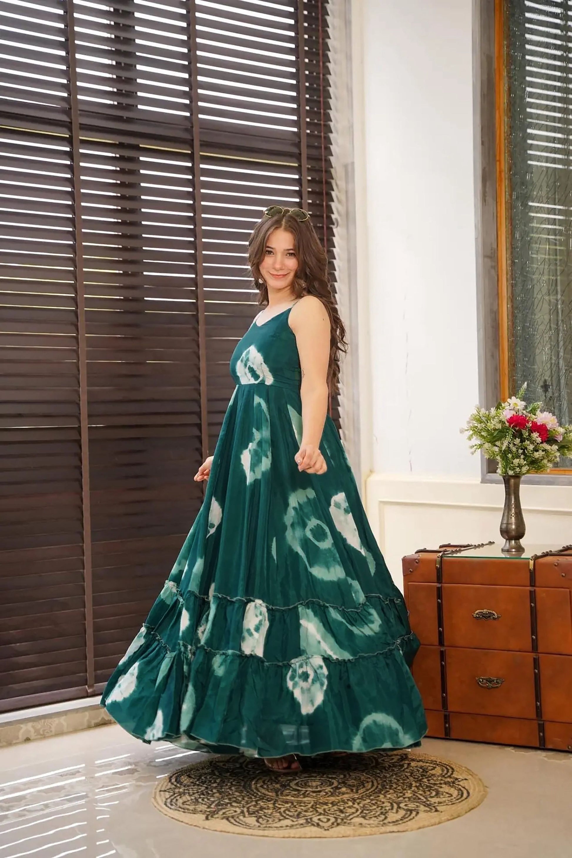 Sonakshi Women's Green Heavy Rayon Digital Print Full Round Flair Anarkali Gown Set