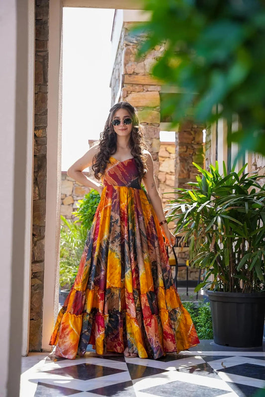 Sonakshi Women's Multycolor Heavy Rayon Digital Print Full Round Flair Anarkali Gown Set