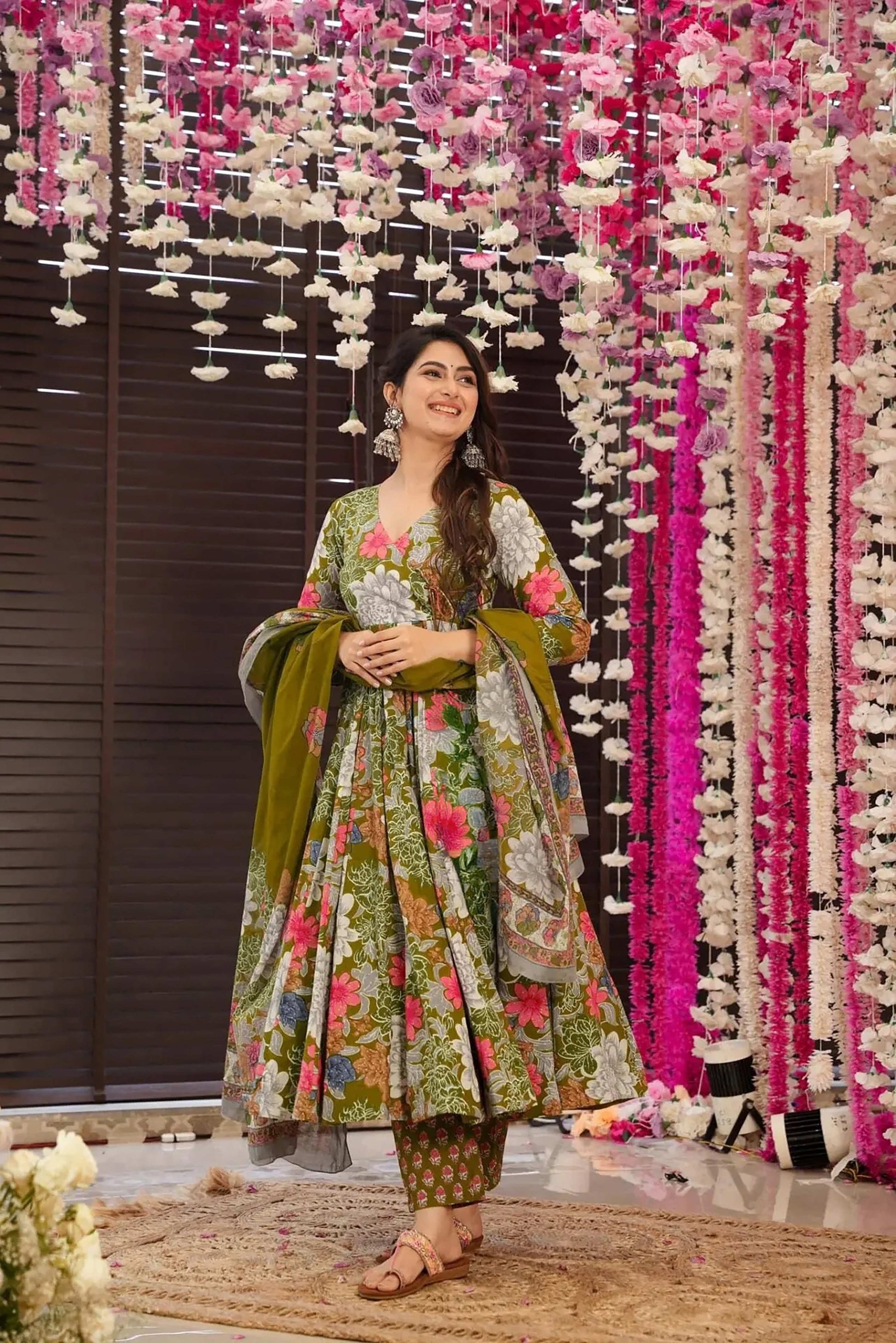 Sonakshi Women's Multycolor Maslin Digital Print Full Round Flair Anarkali Gown Set With Dupatta