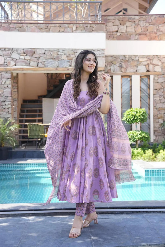 Sonakshi Women's Multycolor Maslin Digital Print Full Round Flair Anarkali Gown Set With Dupatta