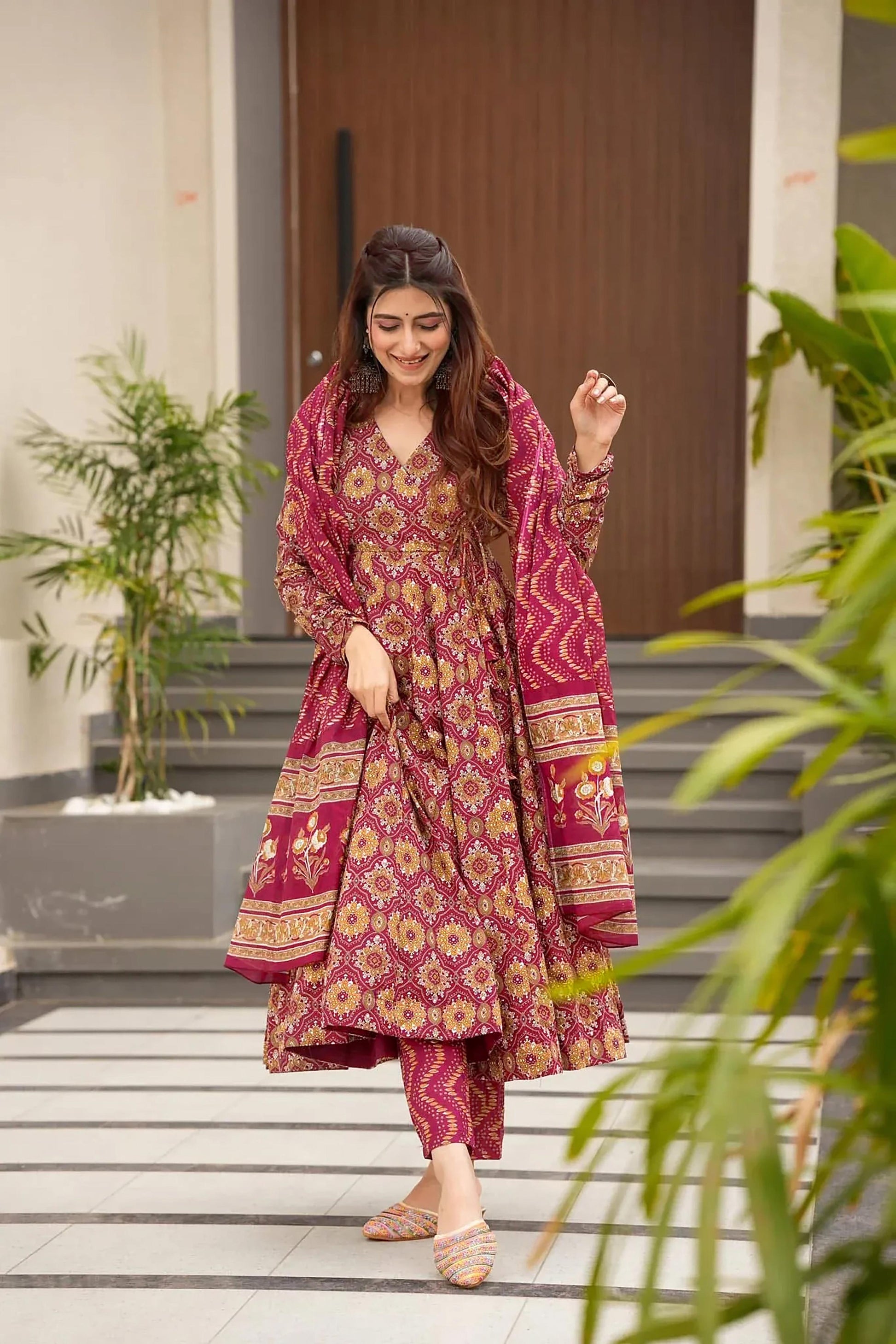 Sonakshi Women's Maharani Maslin Digital Print Full Round Flair Anarkali Gown Set With Dupatta