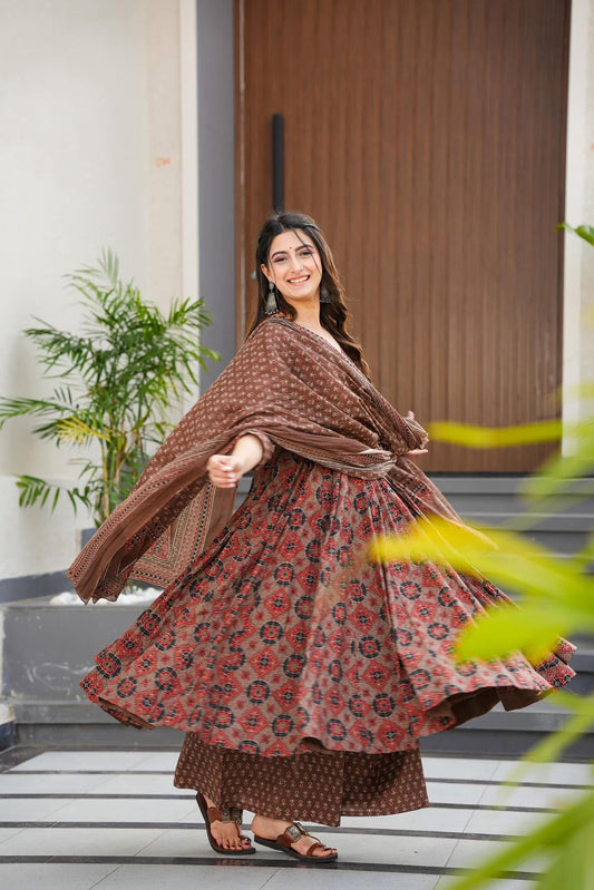 Sonakshi Women's Coffie Maslin Digital Print Full Round Flair Anarkali Gown Set With Dupatta