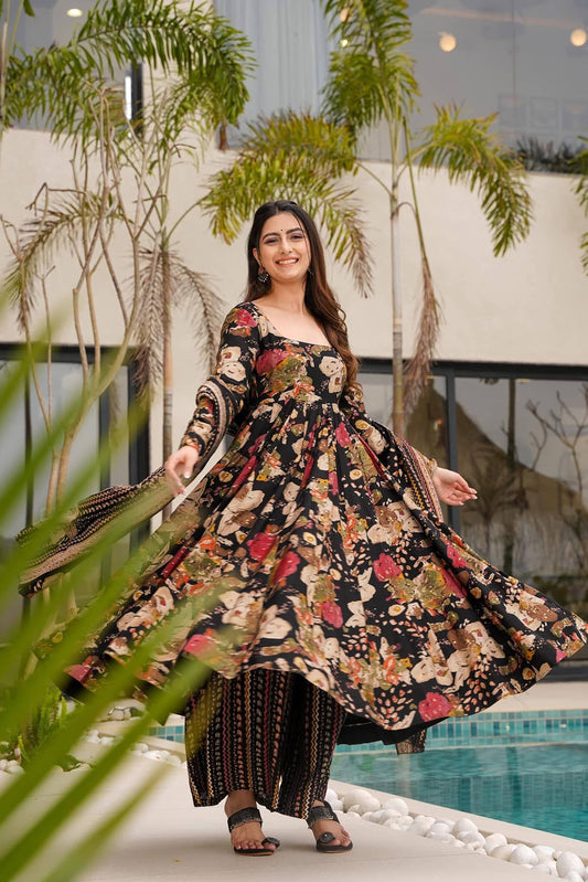 Sonakshi Women's Black Mal cottan Digital Print Full Round Flair Anarkali Gown Set With Dupatta