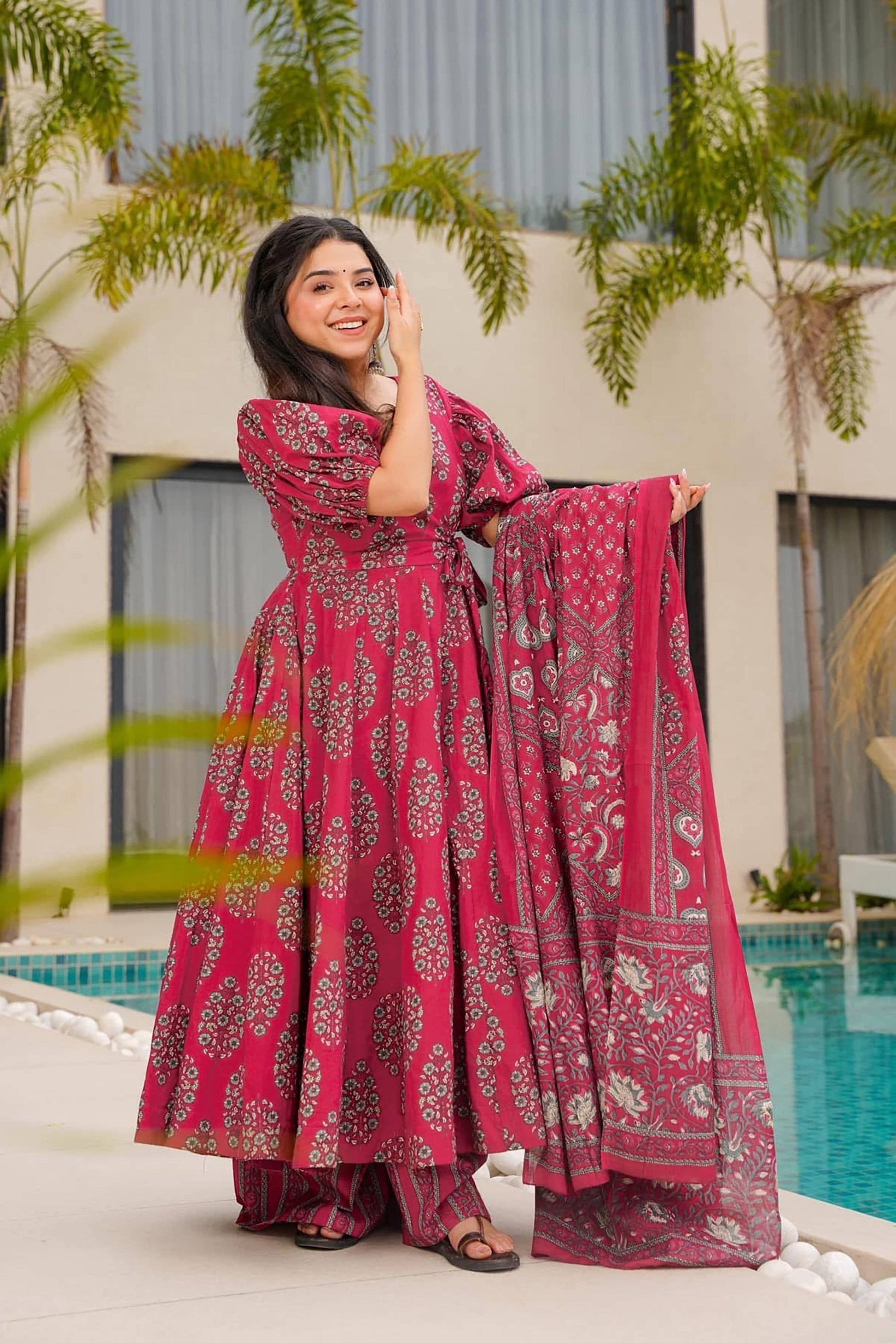 Sonakshi Women's Maharani Mal cottan Digital Print Full Round Flair Anarkali Gown Set With Dupatta