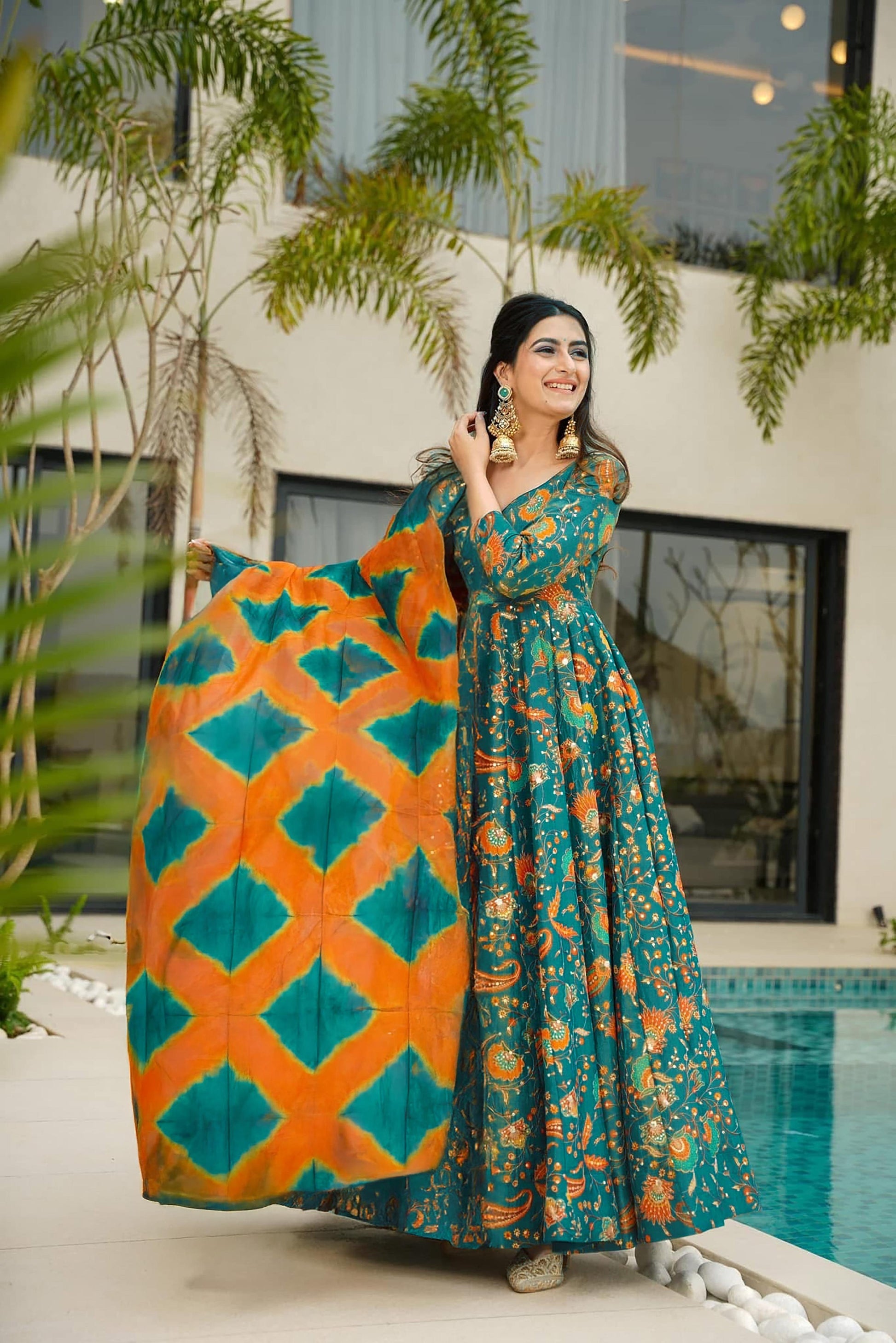 Sonakshi Women's Green Silk Digital Print Full Round Flair Anarkali Gown Set With Dupatta