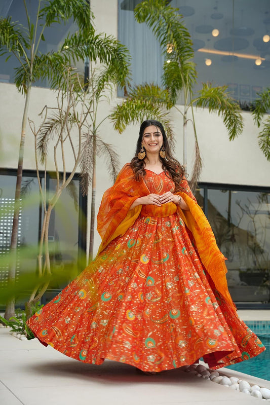 Sonakshi Women's Yellow Silk Digital Print Full Round Flair Anarkali Gown Set With Dupatta