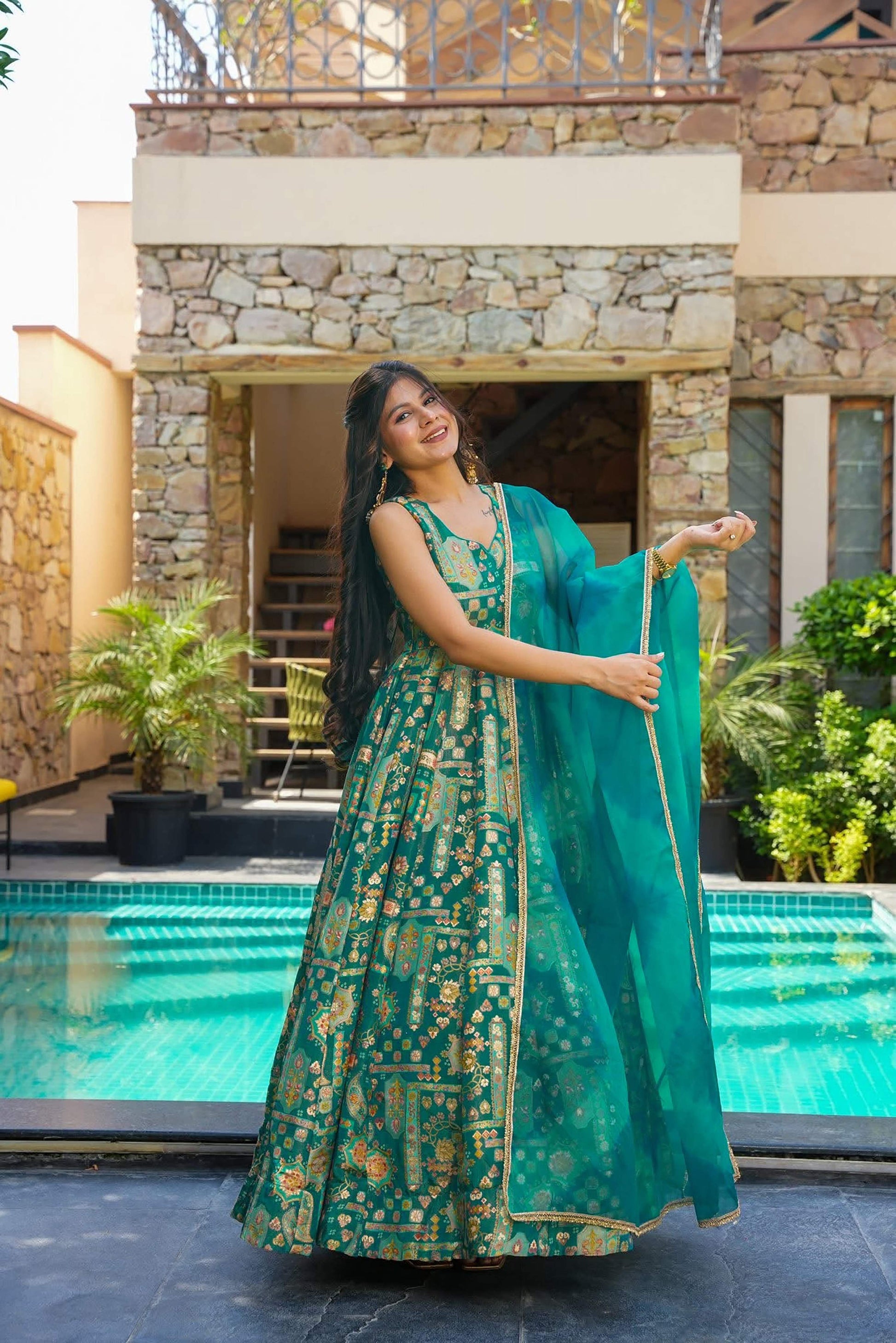 Sonakshi Women's Green Silk Digital Print Full Round Flair Anarkali Gown Set With Dupatta