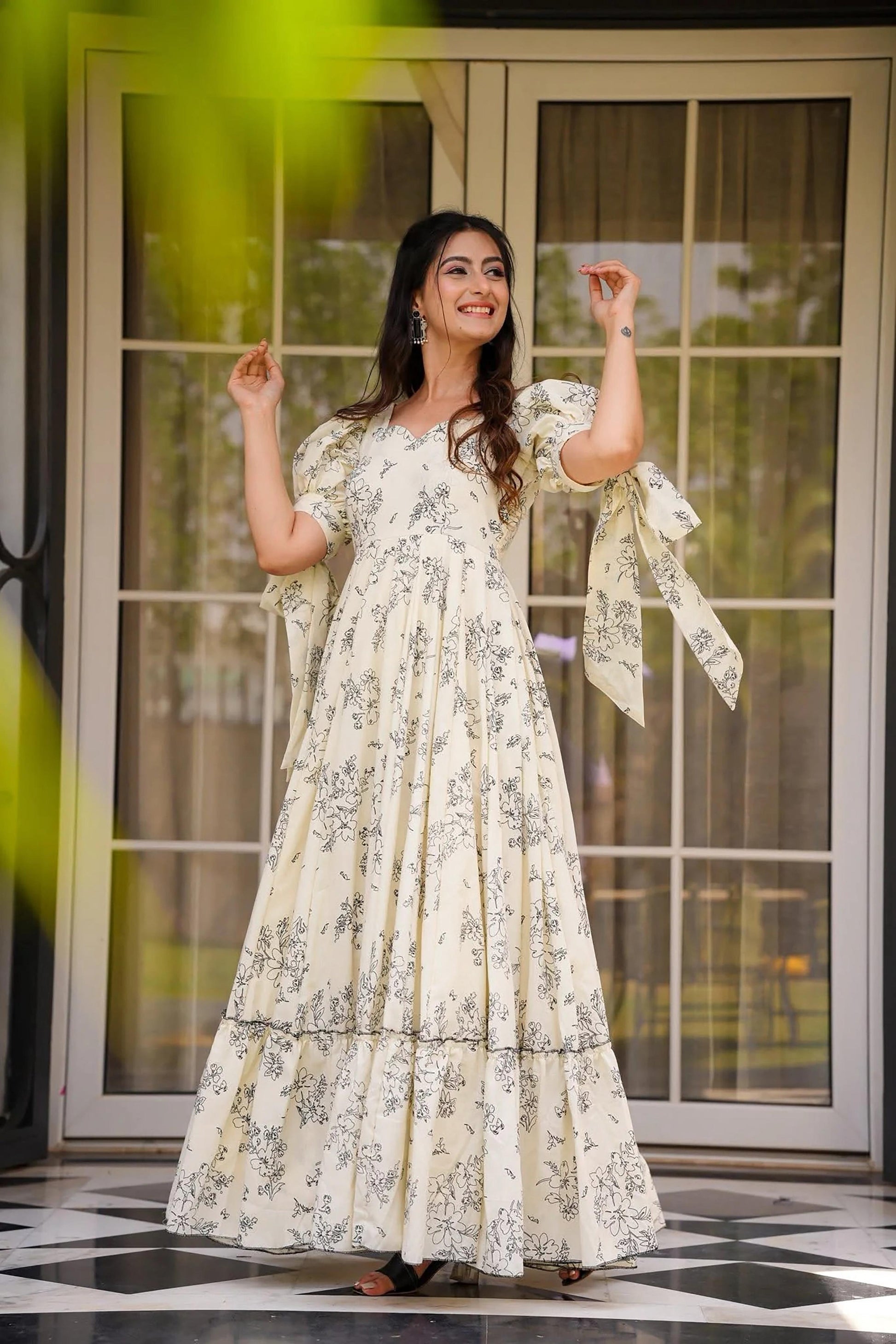 Sonakshi Women's Cream Rayon Digital Print Full Round Flair Anarkali Gown Set