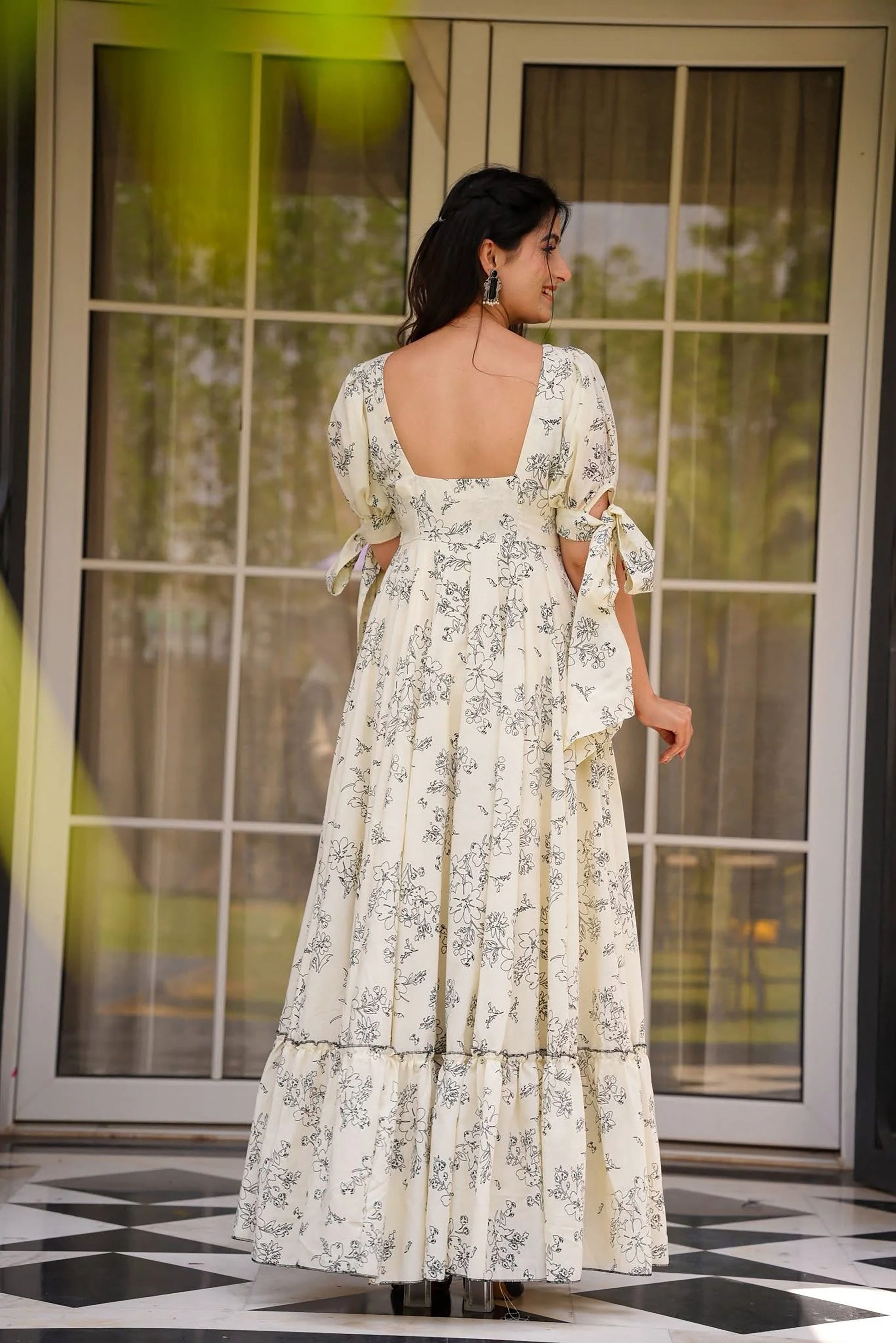 Sonakshi Women's Cream Rayon Digital Print Full Round Flair Anarkali Gown Set