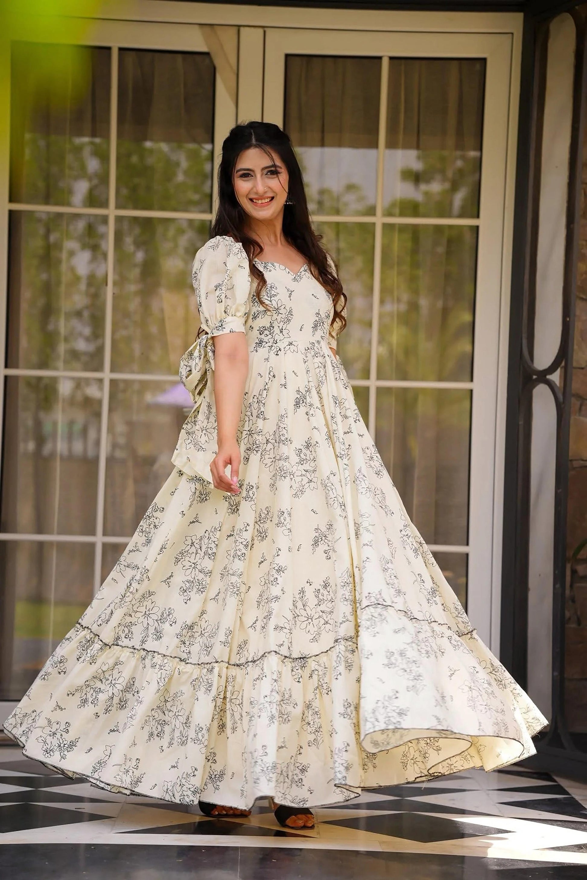 Sonakshi Women's Cream Rayon Digital Print Full Round Flair Anarkali Gown Set