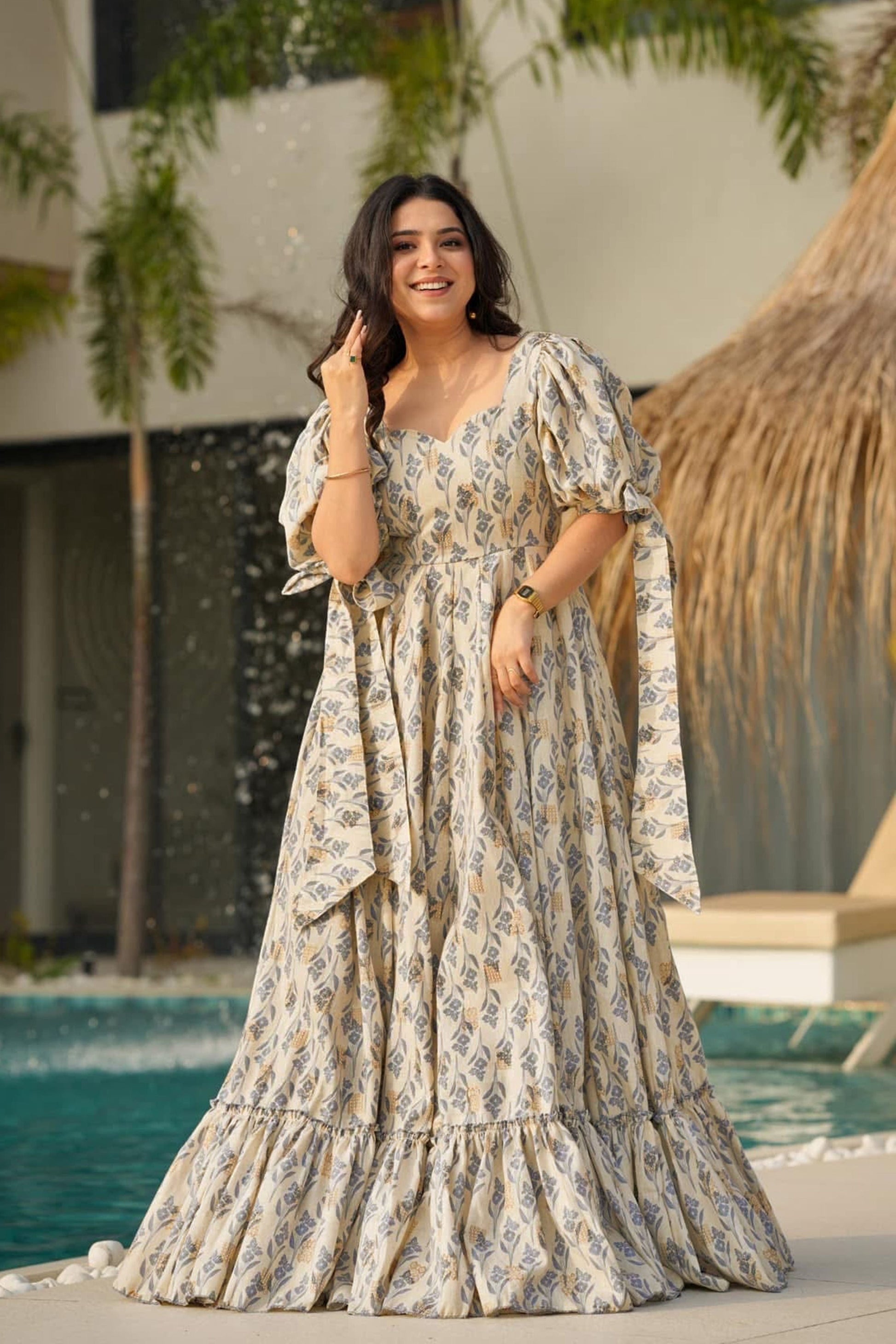 Sonakshi Women's Biscuit Rayon Digital Print Full Round Flair Anarkali Gown Set
